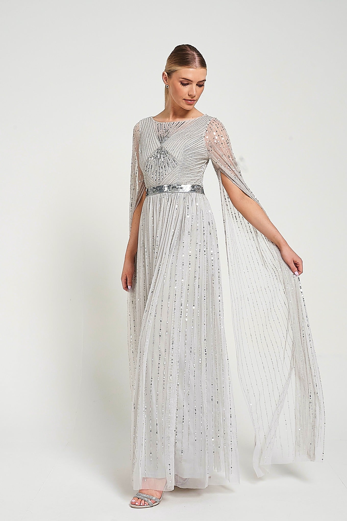 Morgan Grey Sequin Cape Sleeve Maxi Dress