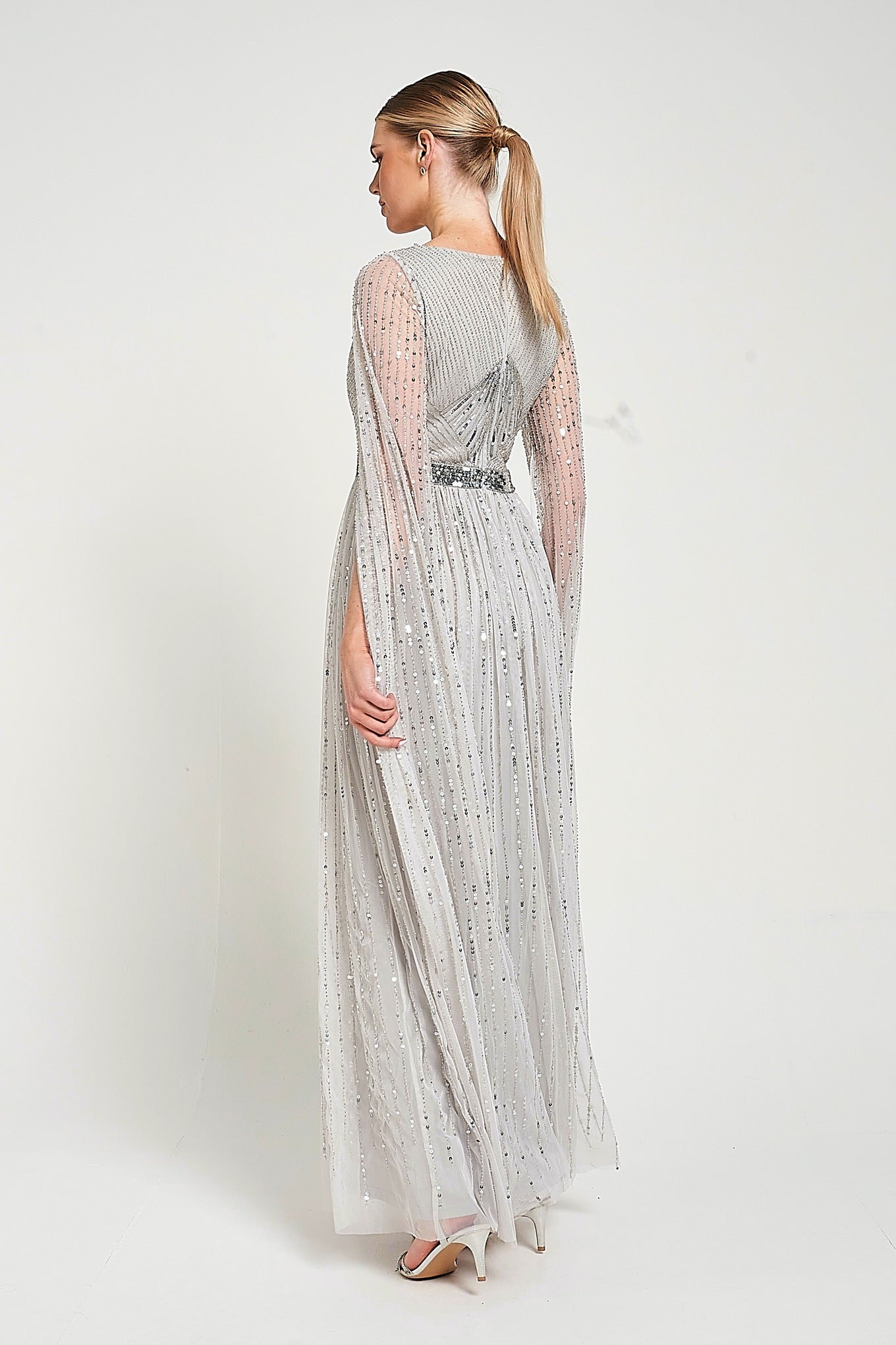 Morgan Grey Sequin Cape Sleeve Maxi Dress