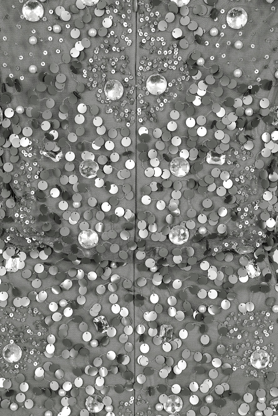 Myra grey embellished midi dress with long sheer sleeves and a fitted pencil silhouette