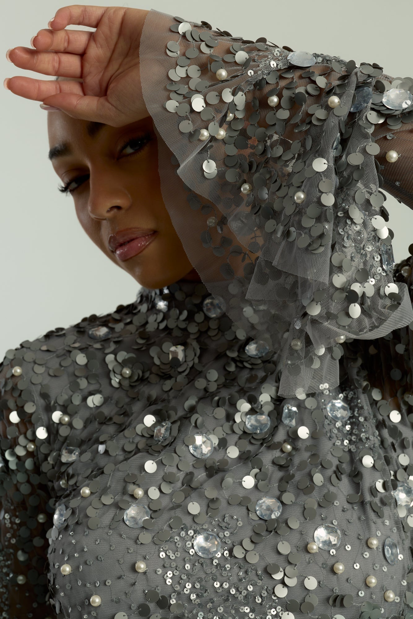 Myra grey embellished midi dress with long sheer sleeves and a fitted pencil silhouette