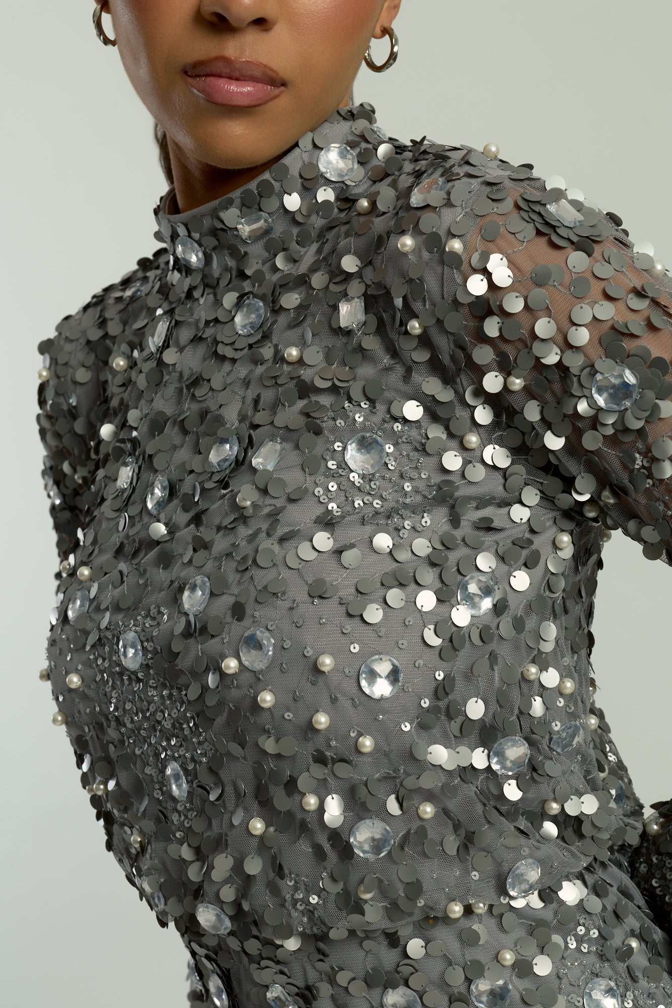 Myra grey embellished midi dress with long sheer sleeves and a fitted pencil silhouette