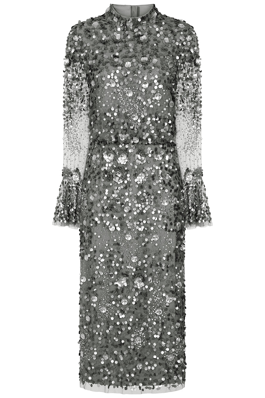 Myra grey embellished midi dress with long sheer sleeves and a fitted pencil silhouette