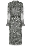 Myra grey embellished midi dress with long sheer sleeves and a fitted pencil silhouette
