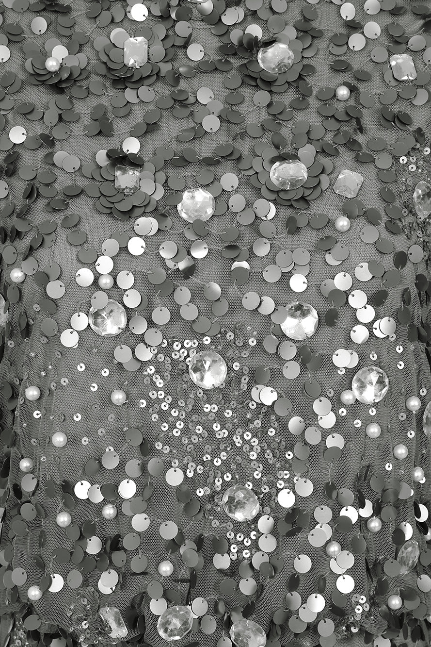 Myra grey embellished midi dress with long sheer sleeves and a fitted pencil silhouette