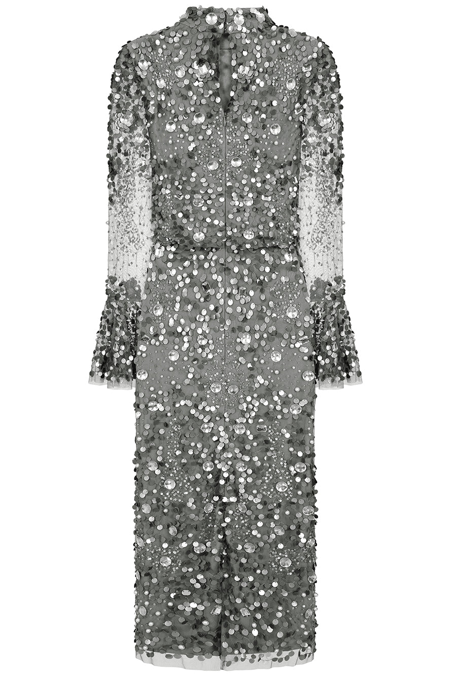 Myra grey embellished midi dress with long sheer sleeves and a fitted pencil silhouette