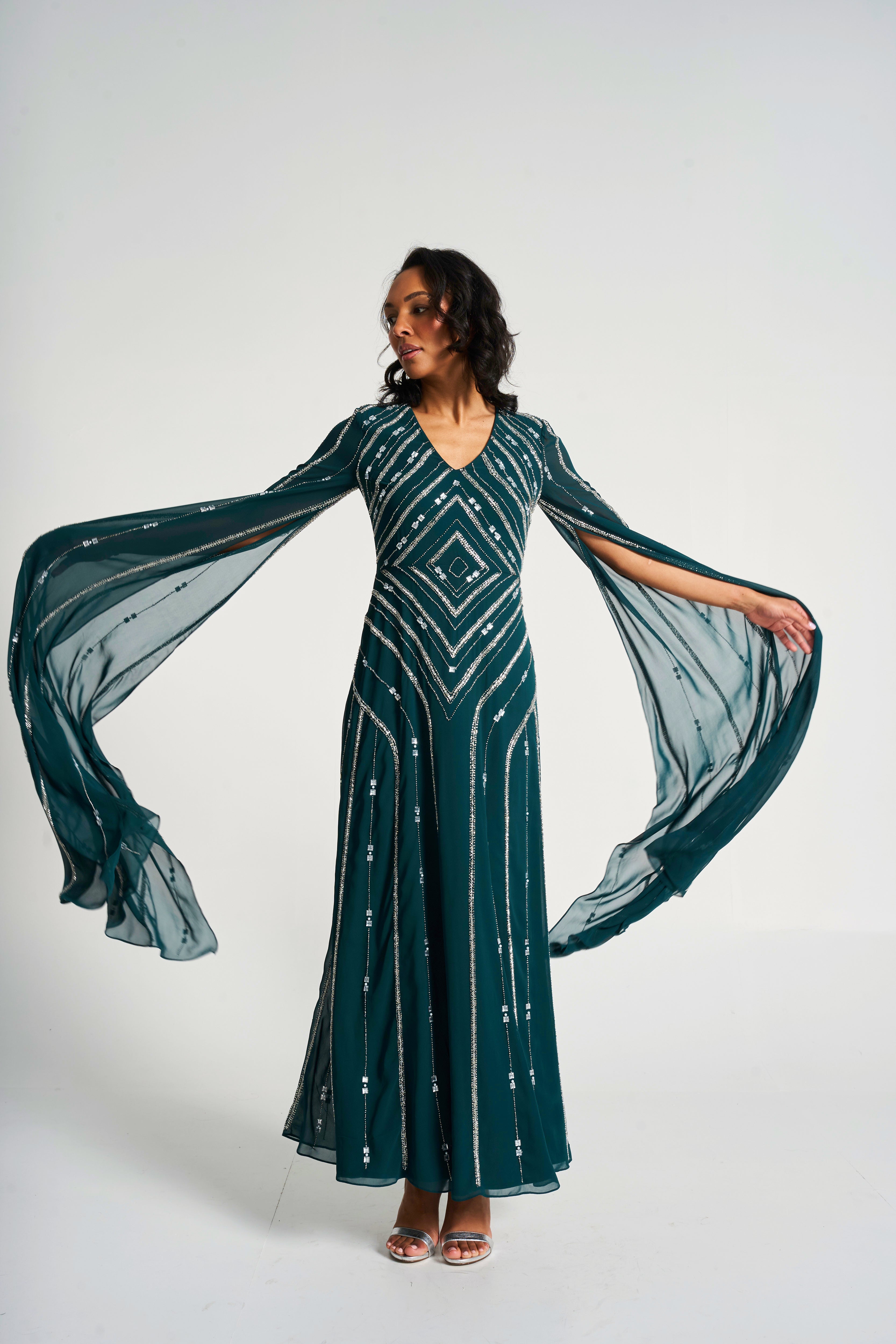 Myrtha Green Embellished Cape Sleeve Maxi Dress