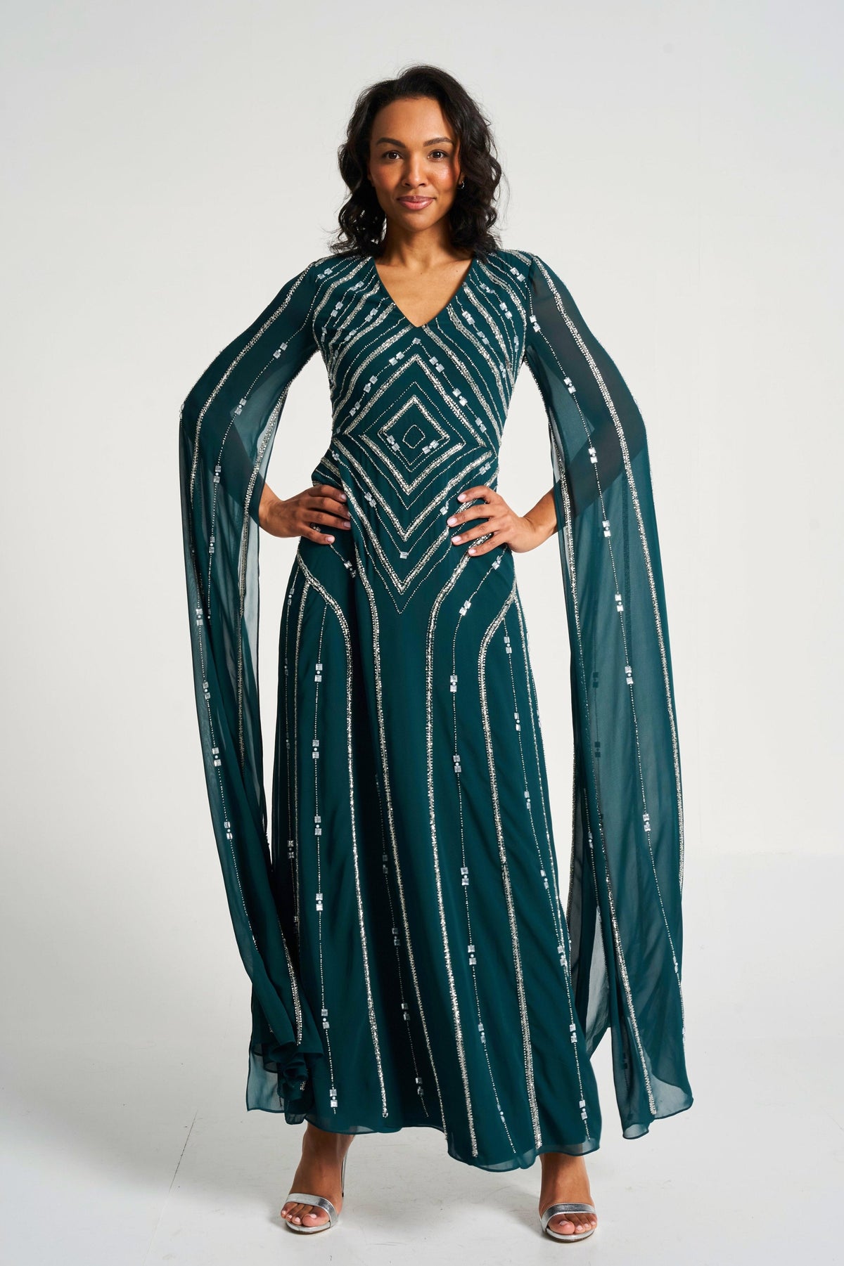 Myrtha Green Embellished Cape Sleeve Maxi Dress