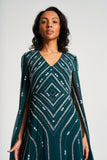 Myrtha Green Embellished Cape Sleeve Maxi Dress