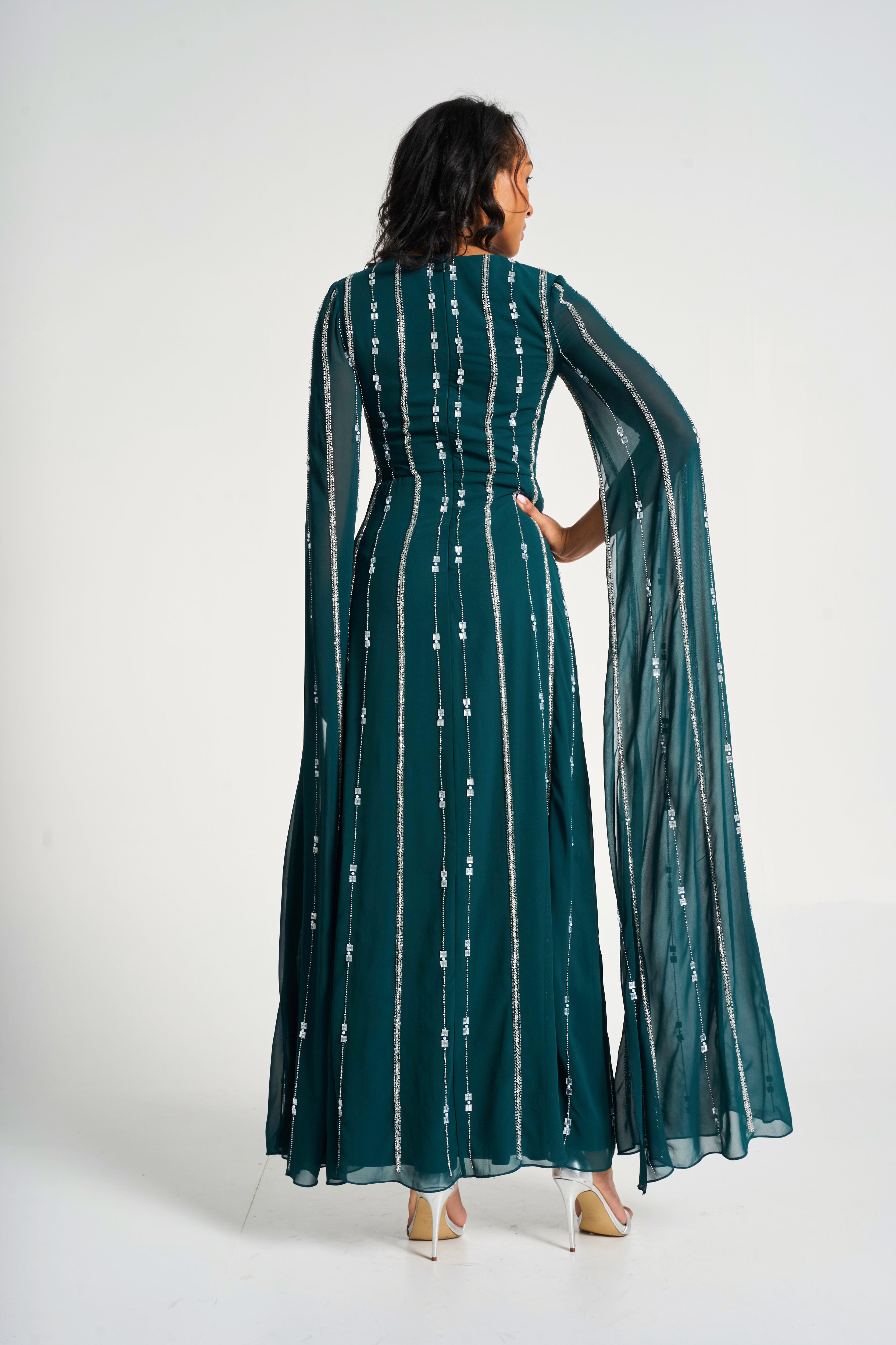 Myrtha Green Embellished Cape Sleeve Maxi Dress