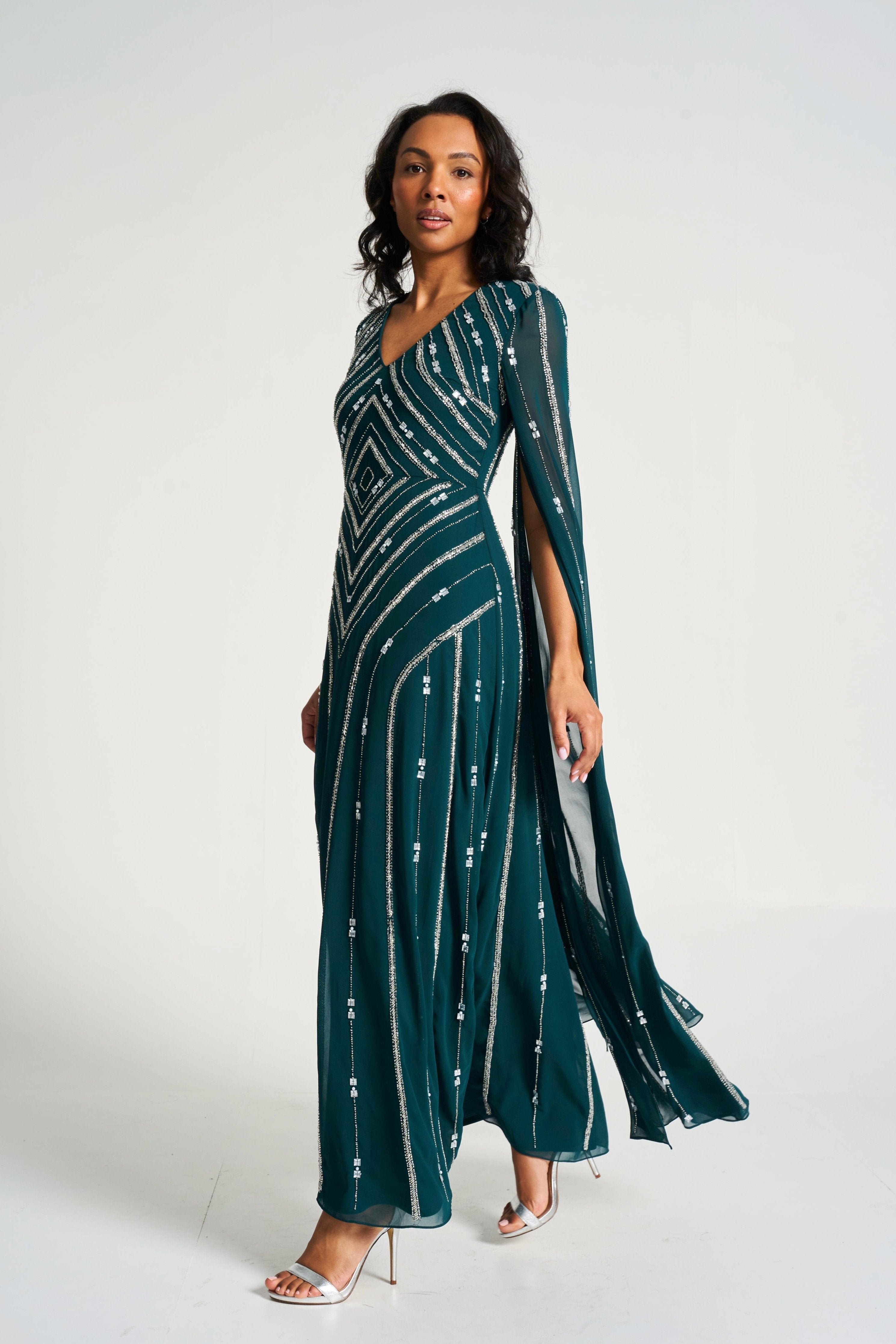 Myrtha Green Embellished Cape Sleeve Maxi Dress