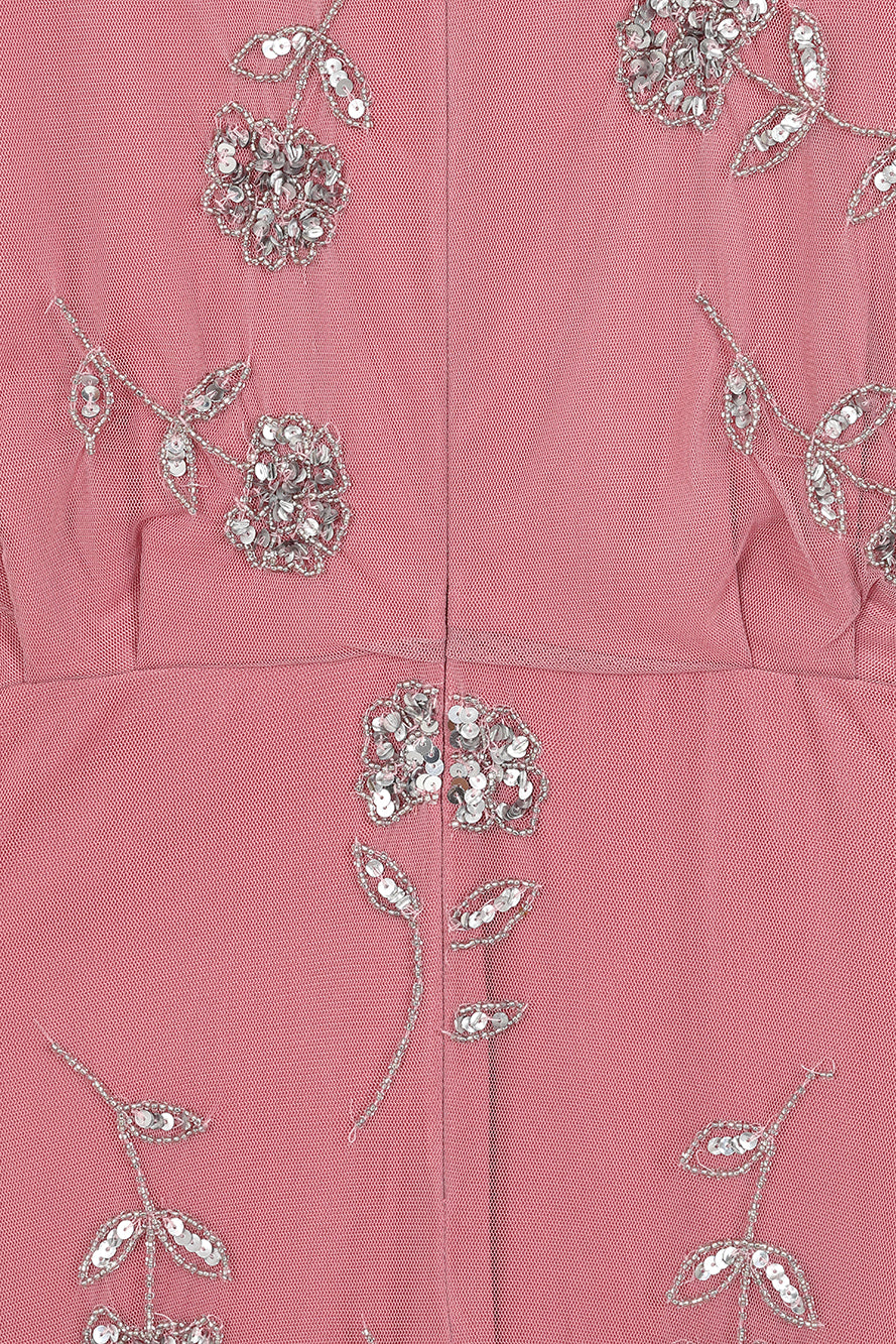 Naida rose pink embellished maxi dress with long sleeves and intricate beading by Frock and Frill, elegant modest occasionwear for weddings and formal events