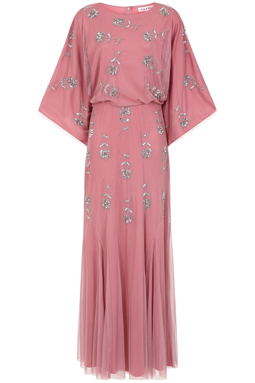 Naida rose pink embellished maxi dress with long sleeves and intricate beading by Frock and Frill, elegant modest occasionwear for weddings and formal events
