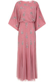 Naida rose pink embellished maxi dress with long sleeves and intricate beading by Frock and Frill, elegant modest occasionwear for weddings and formal events