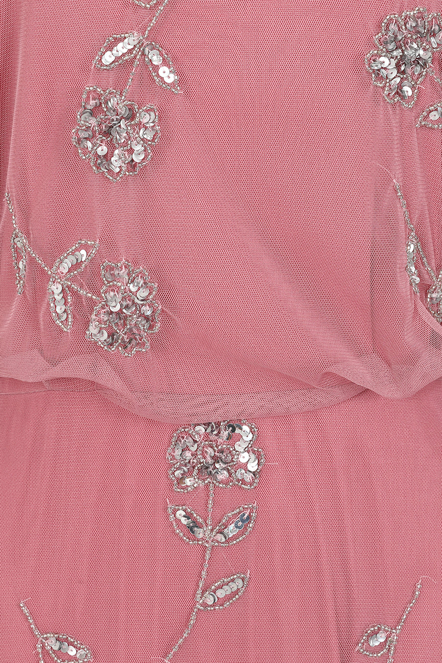 Naida rose pink embellished maxi dress with long sleeves and intricate beading by Frock and Frill, elegant modest occasionwear for weddings and formal events