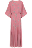 Naida rose pink embellished maxi dress with long sleeves and intricate beading by Frock and Frill, elegant modest occasionwear for weddings and formal events