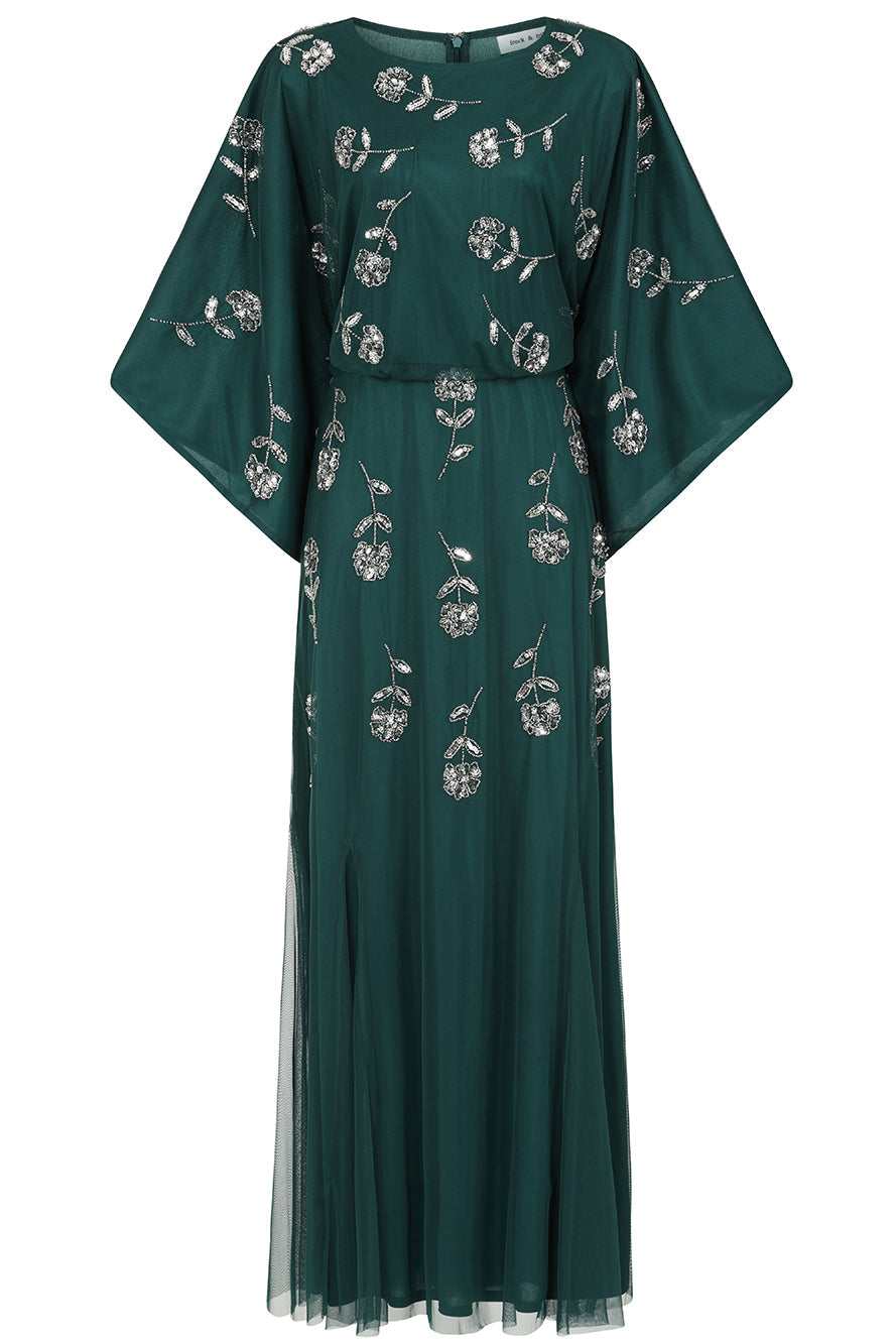 Naida rainforest green embellished maxi dress by Frock and Frill with batwing sleeves and silver floral beadwork designed for flowing statement occasion wear styling