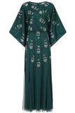 Naida rainforest green embellished maxi dress by Frock and Frill with batwing sleeves and silver floral beadwork designed for flowing statement occasion wear styling