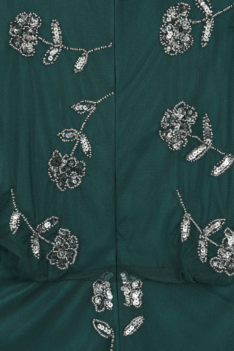 Naida rainforest green embellished maxi dress by Frock and Frill with batwing sleeves and silver floral beadwork designed for flowing statement occasion wear styling