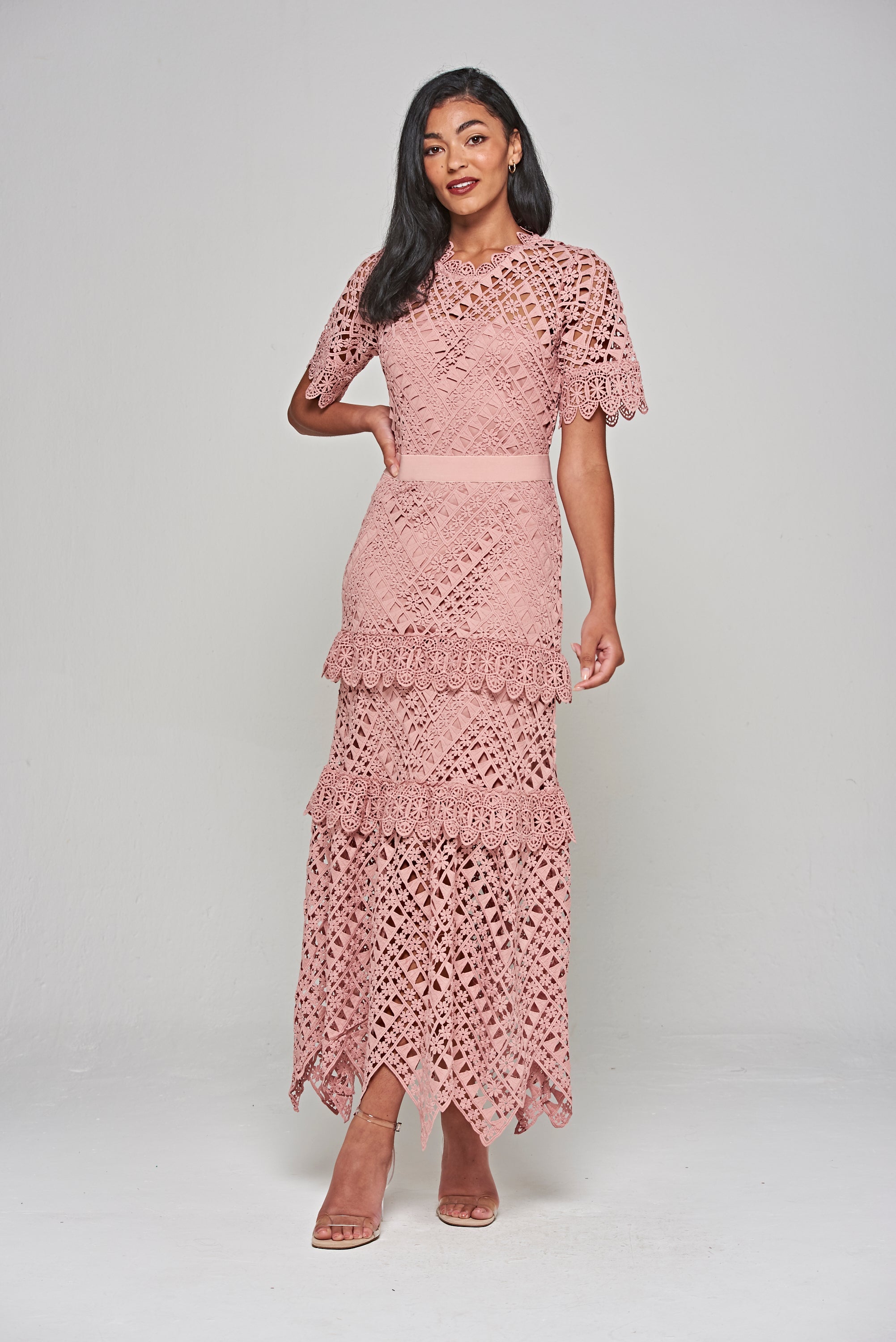 Narelle Crochet Lace Midaxi Dress - Rose Tan