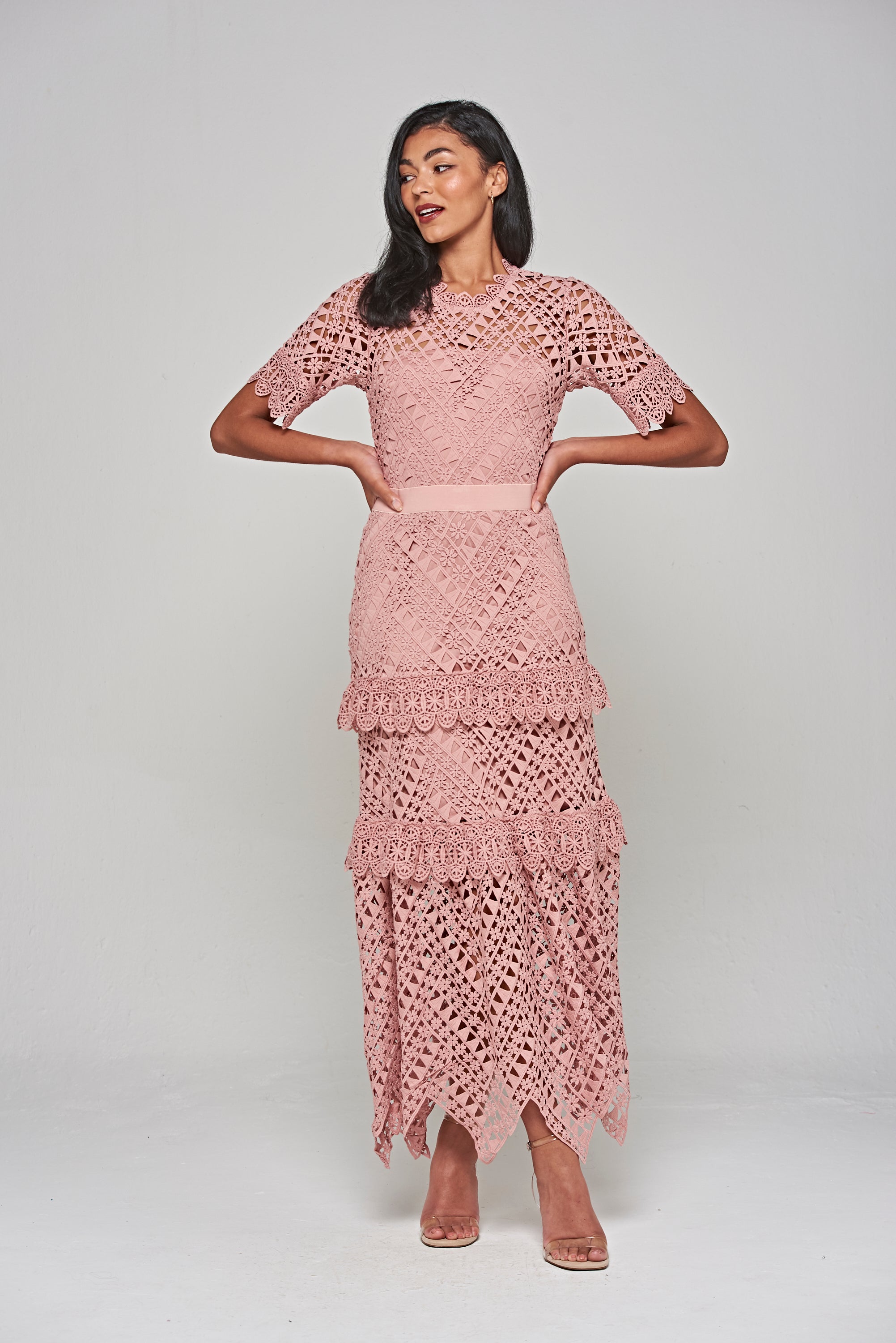 Narelle Crochet Lace Midaxi Dress - Rose Tan