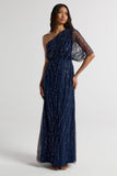 Natalia Navy Embellished One Shoulder Maxi Dress, floor-length sequined evening gown for bridesmaids, prom, and formal occasions