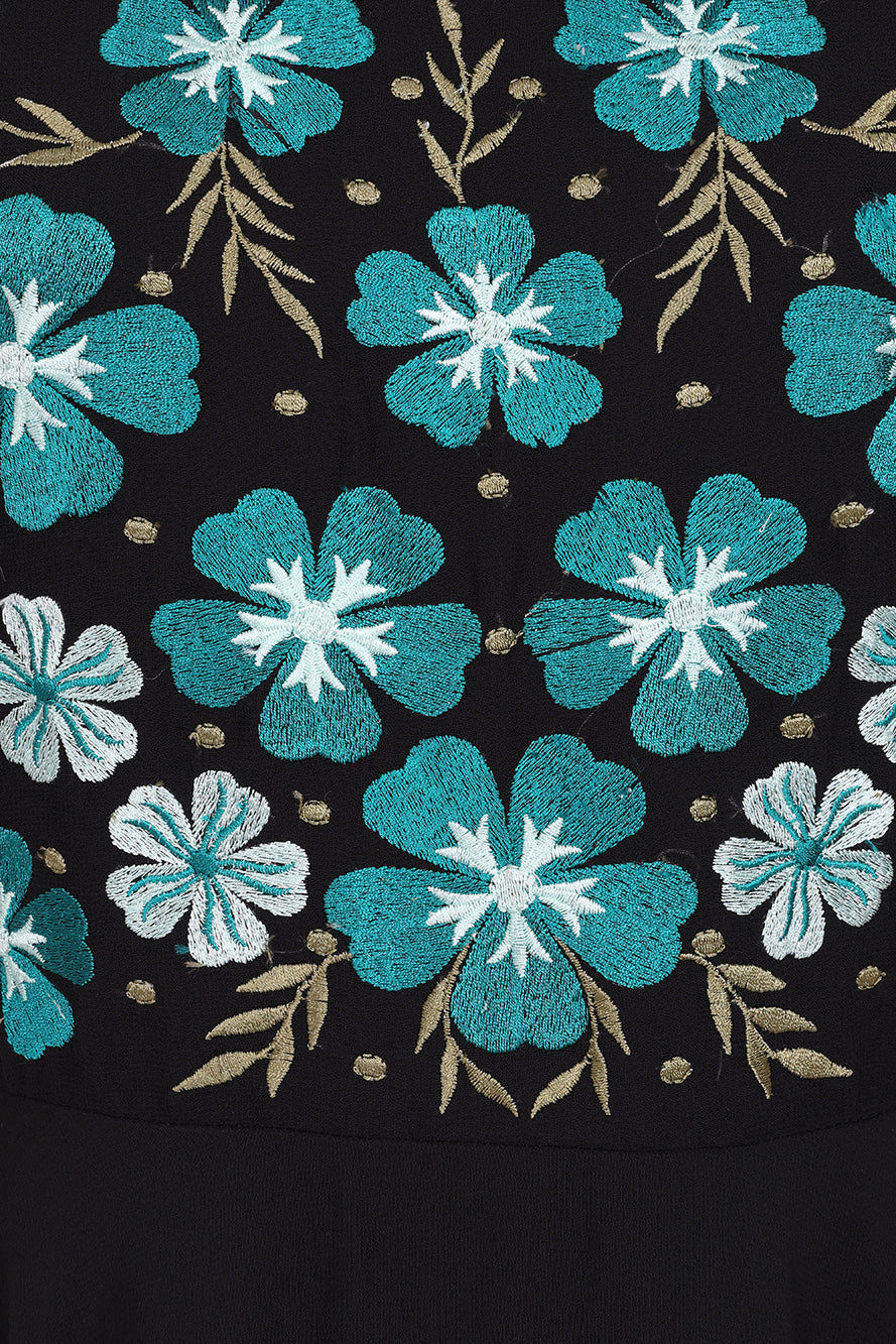 Nera Black Floral Embroidered Midi Dress