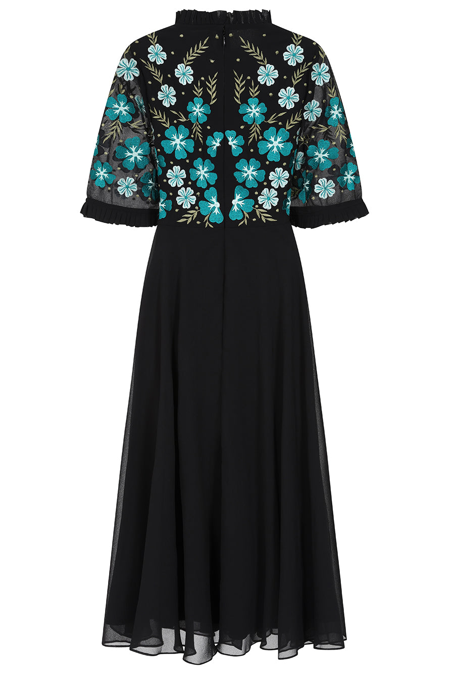 Nera Black Floral Embroidered Midi Dress