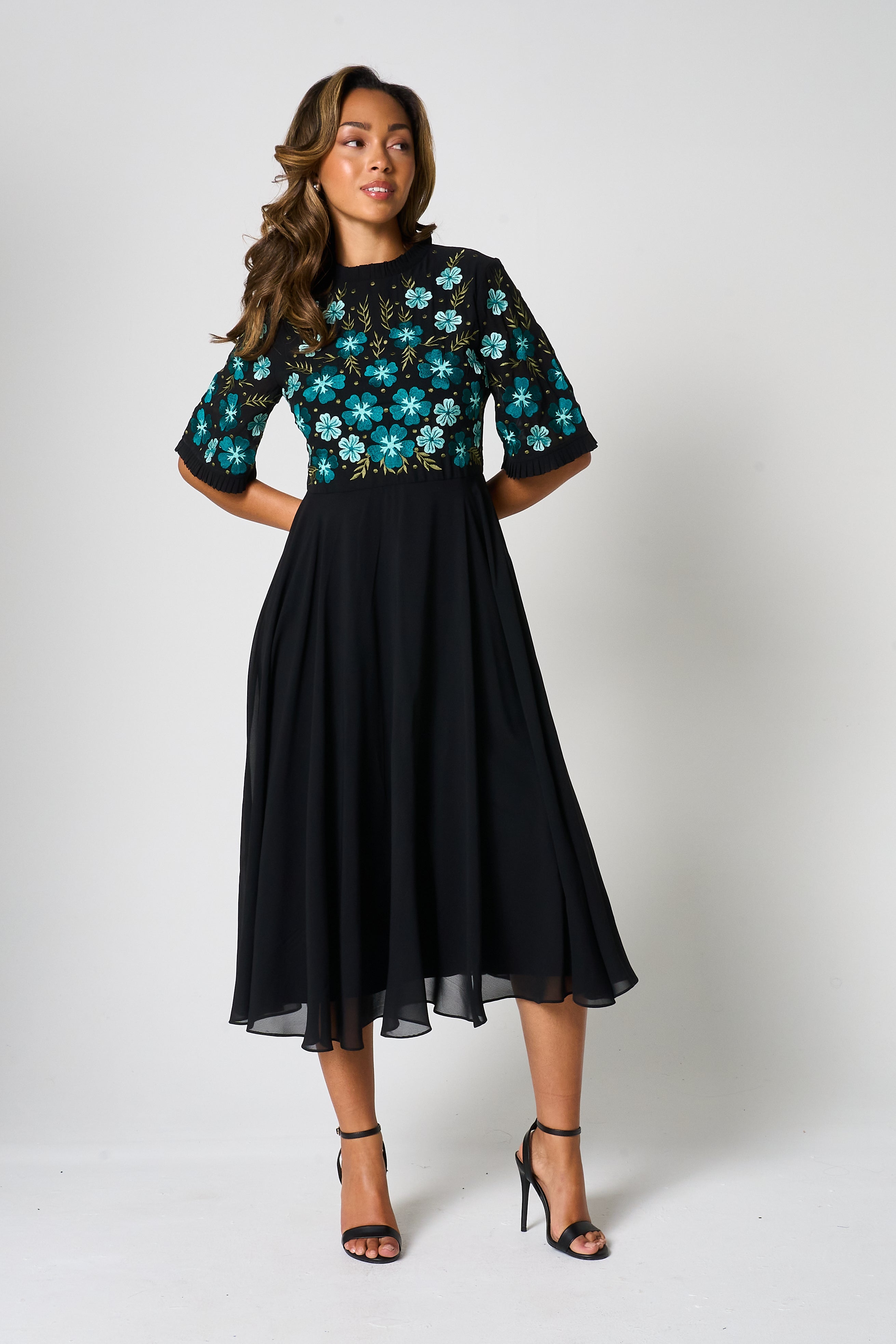 Nera Black Floral Embroidered Midi Dress