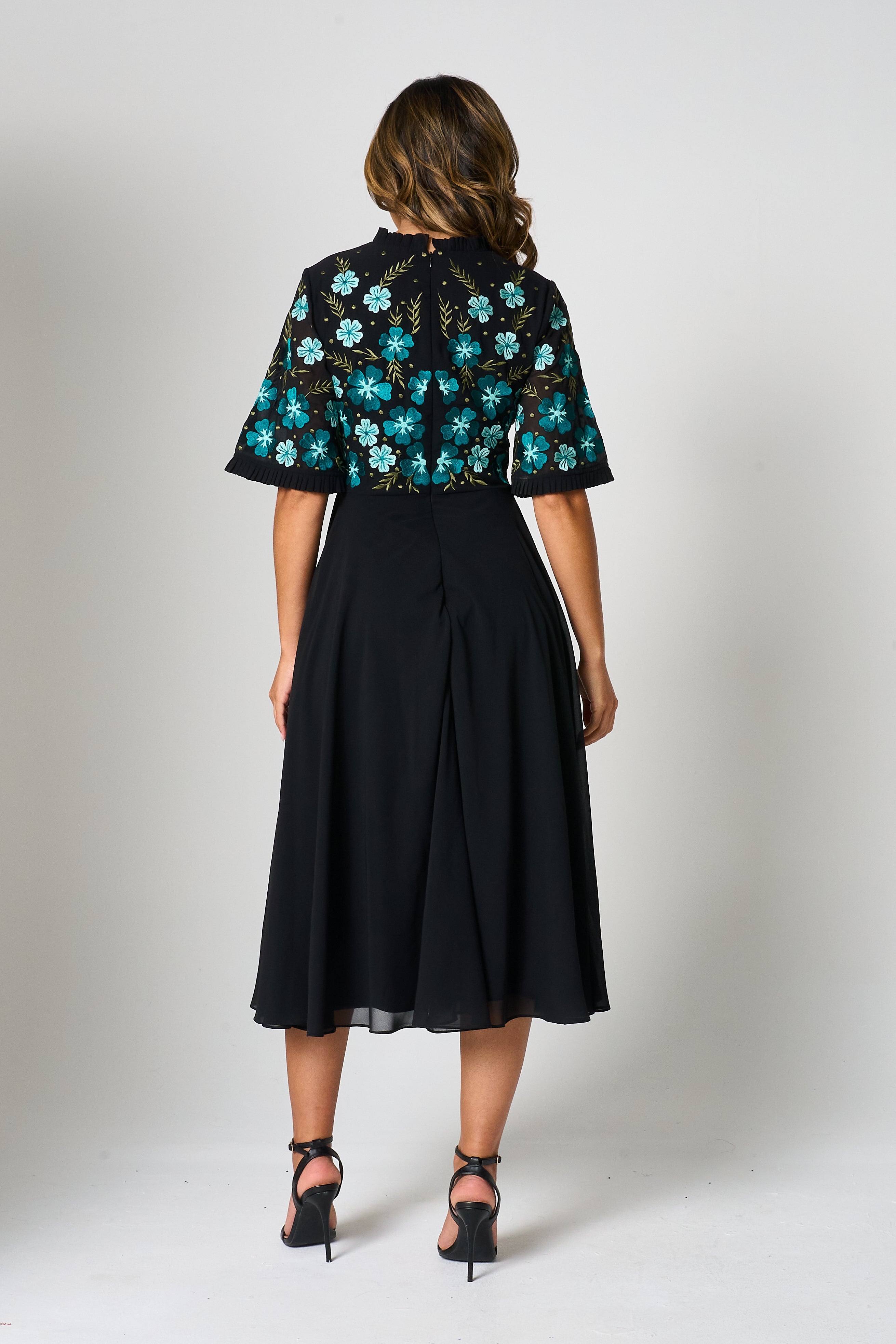 Nera Black Floral Embroidered Midi Dress
