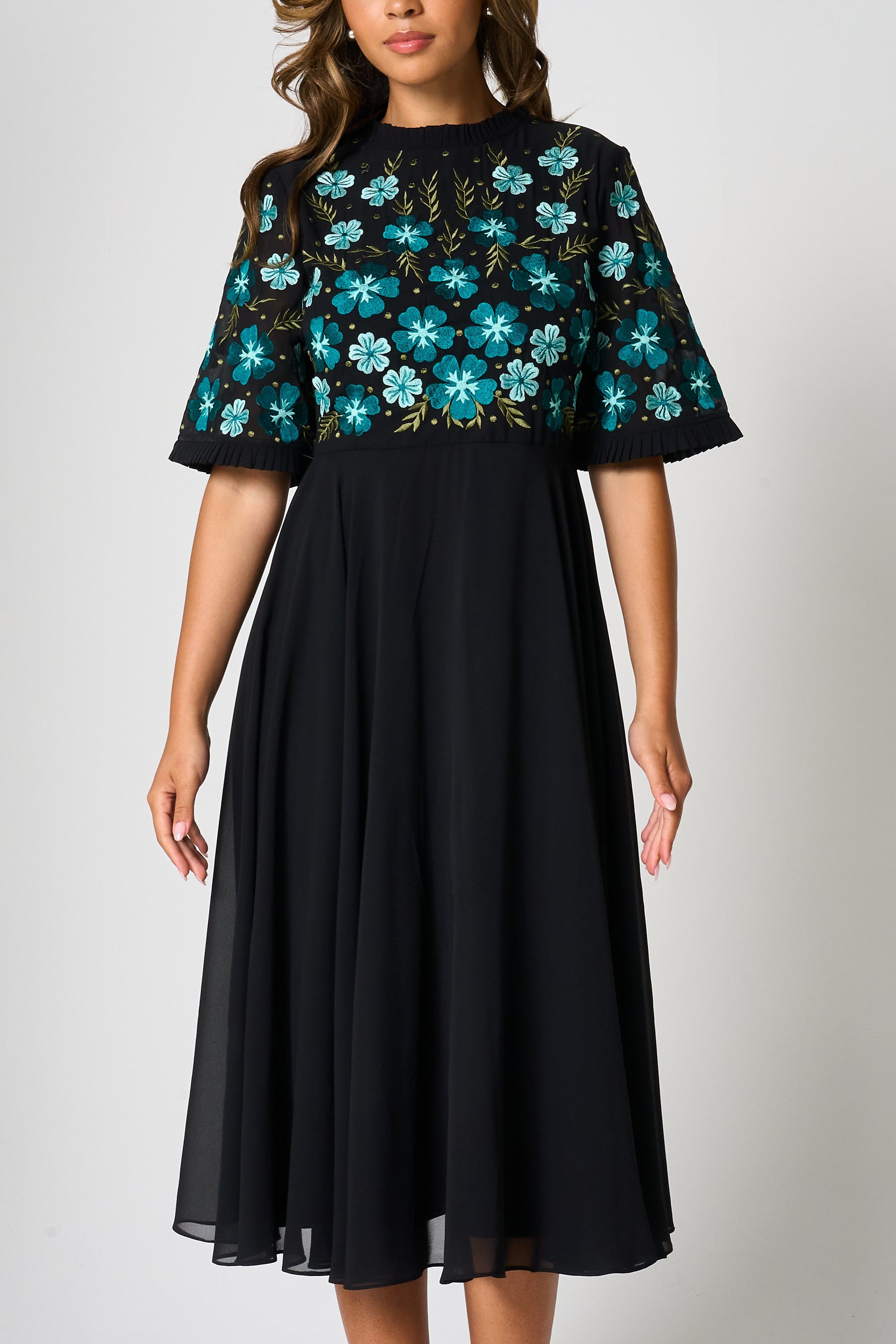 Nera Black Floral Embroidered Midi Dress
