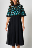 Nera Black Floral Embroidered Midi Dress