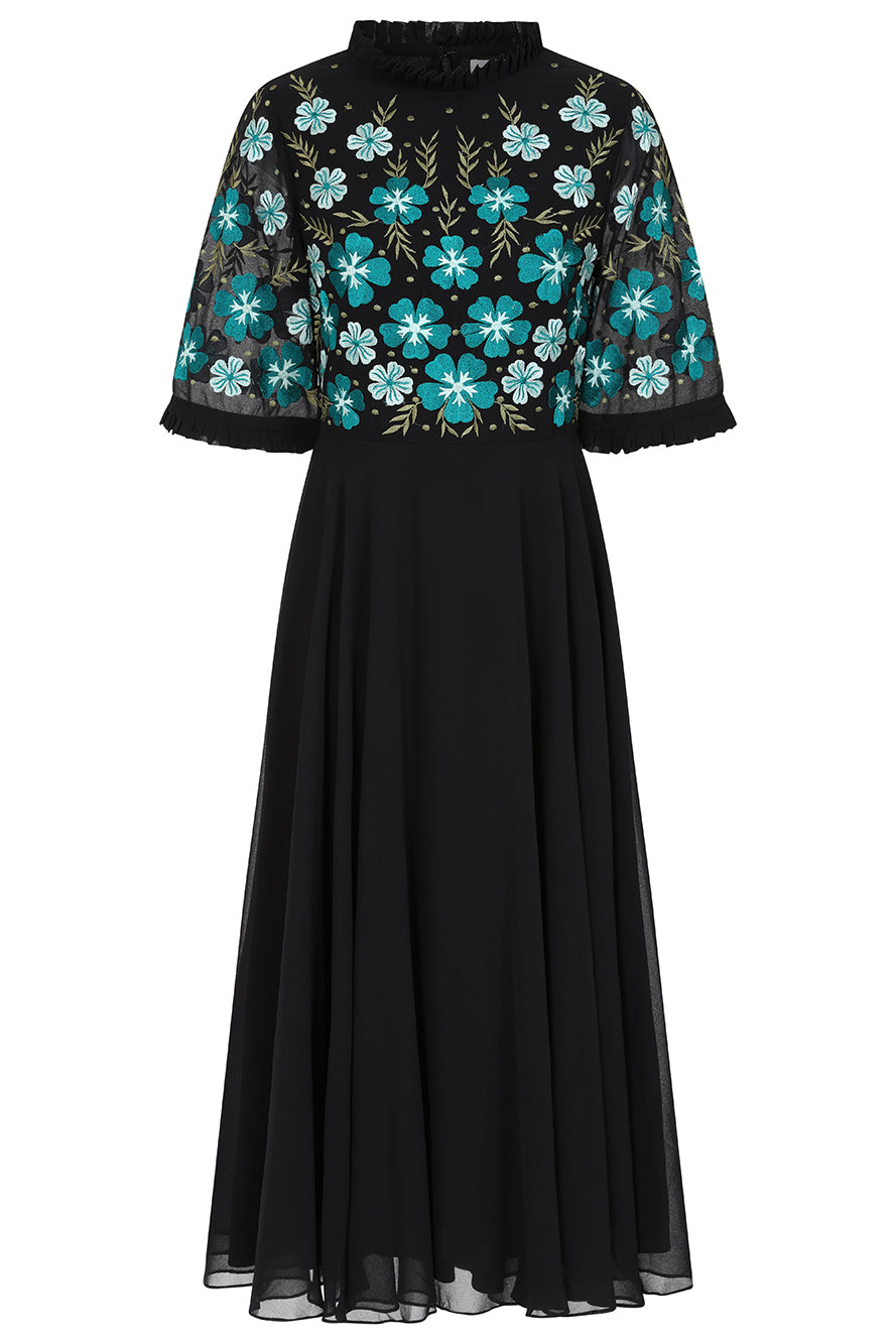 Nera Black Floral Embroidered Midi Dress