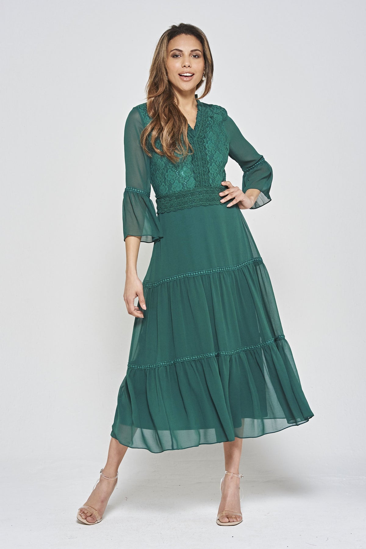 Nerina Tiered Midi Dress with Lace Panels - Alpine Green