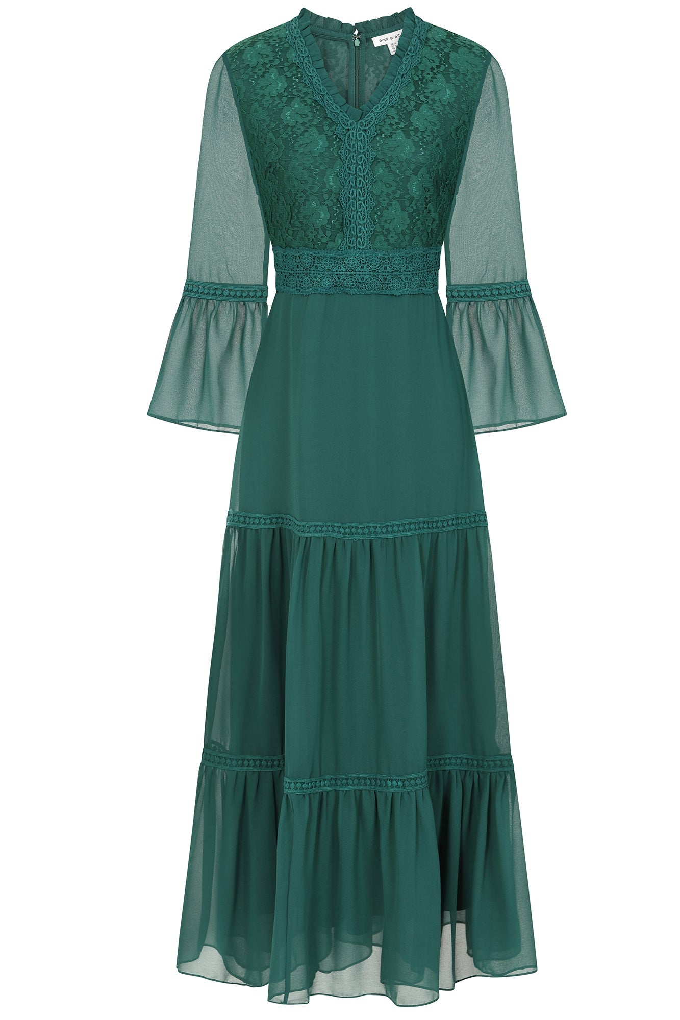 Nerina Tiered Midi Dress with Lace Panels - Alpine Green