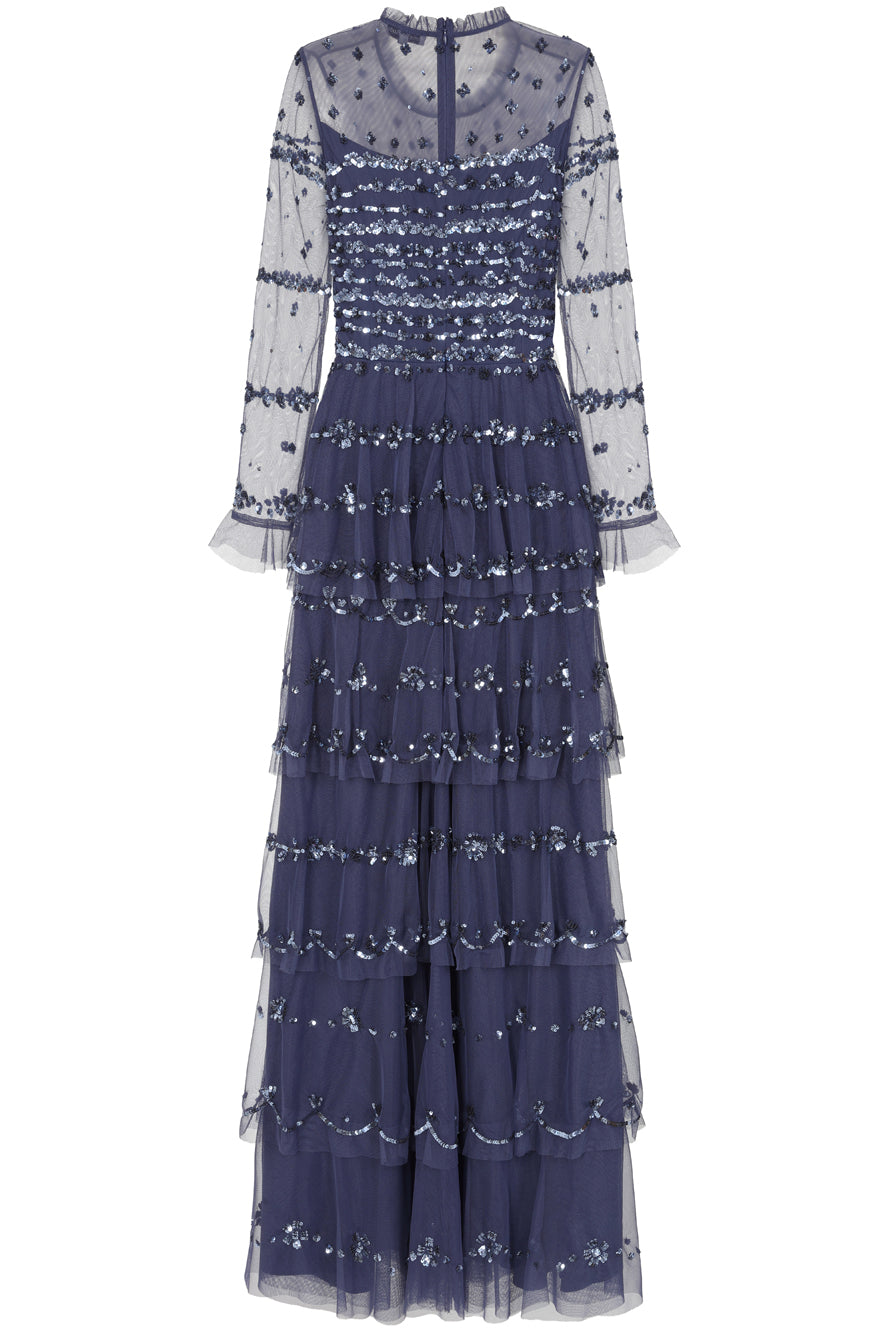 Nerissa dusty navy blue sequin tiered maxi dress with full-length sleeves, perfect for weddings, black tie balls and formal occasions. 
