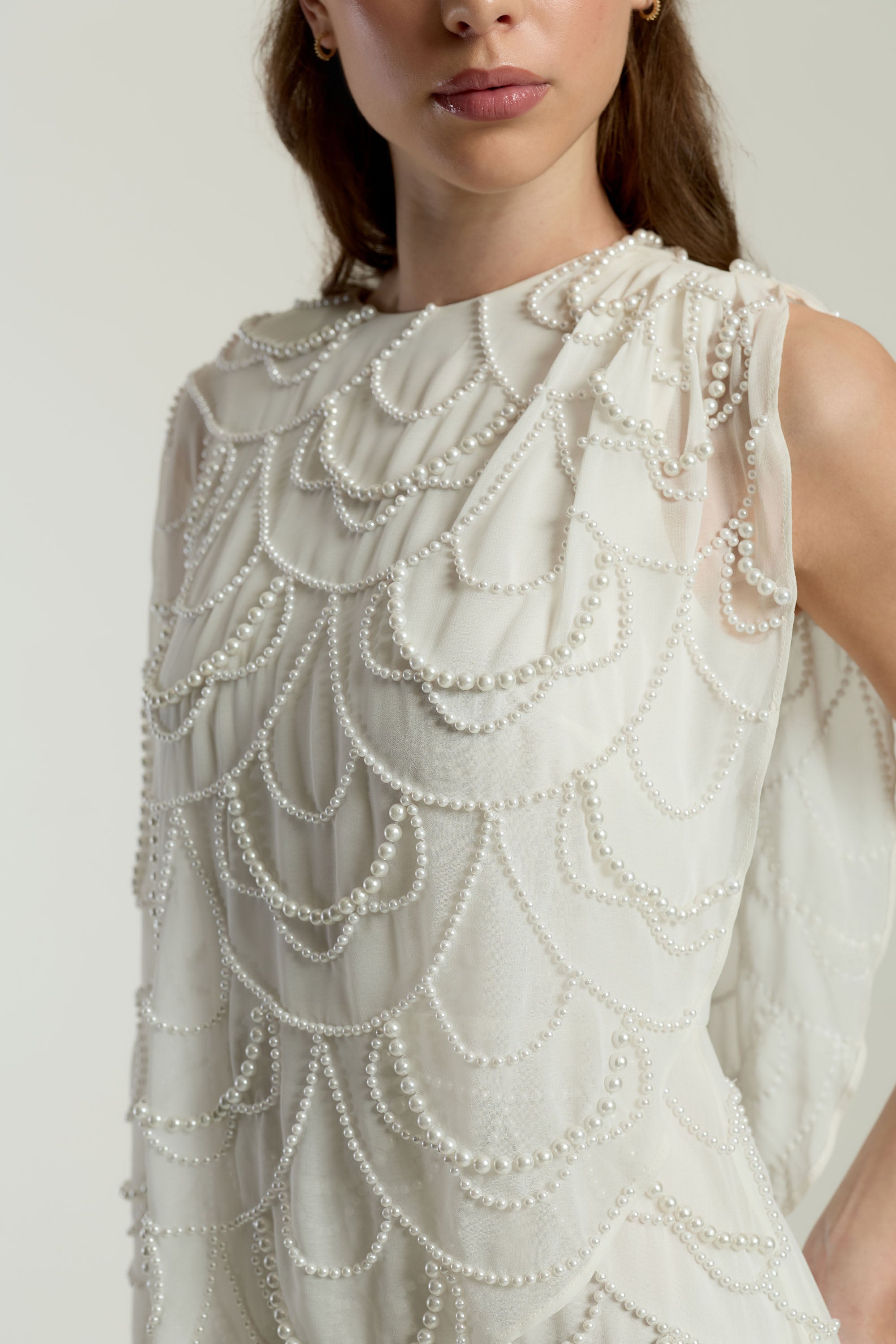 Neva White Embellished Asymmetric Cape Sleeve Maxi Dress – midaxi-length wedding or formal evening gown with flowing cape overlay and delicate embellishments