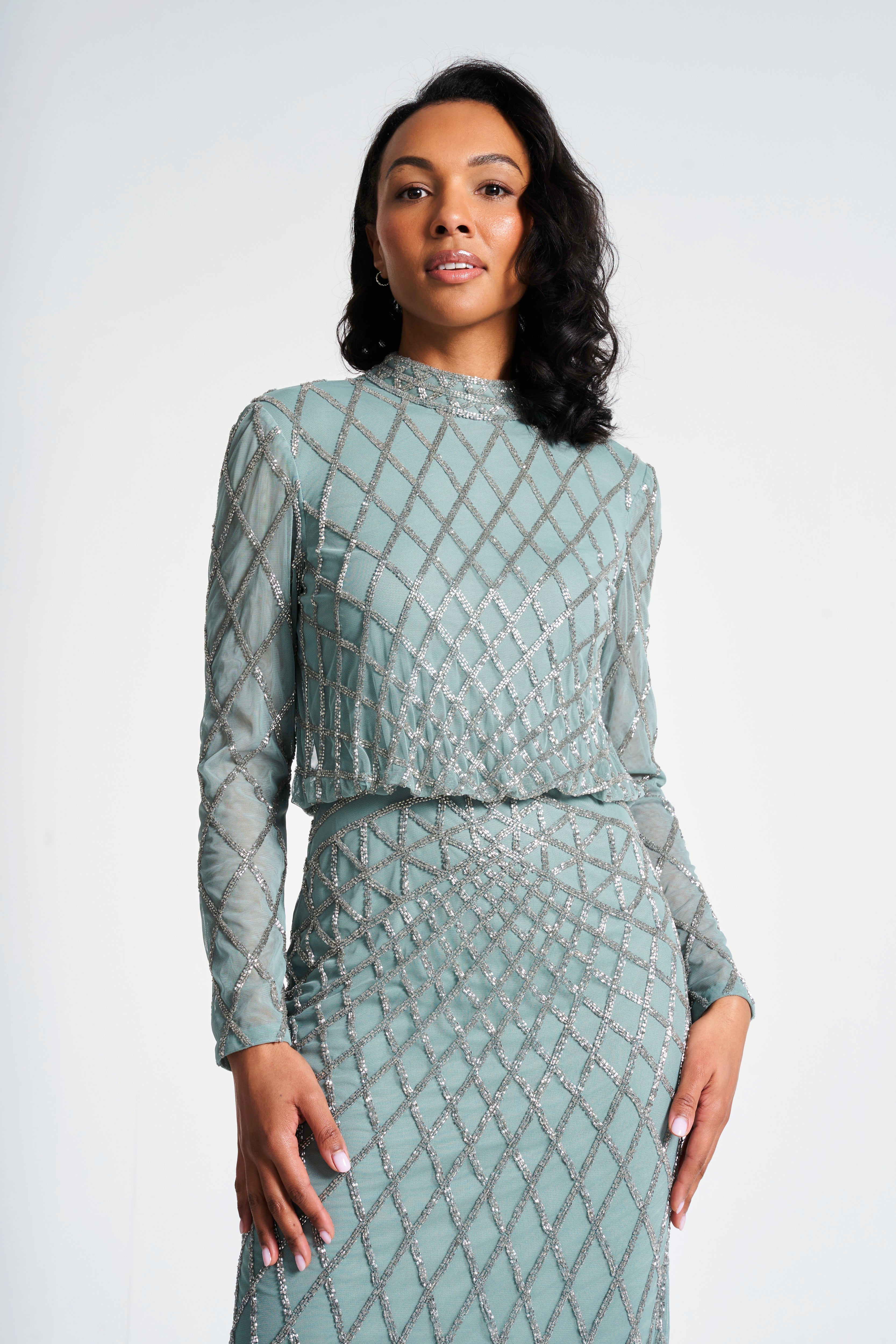 Nina Sage Green Embellished Midi Dress