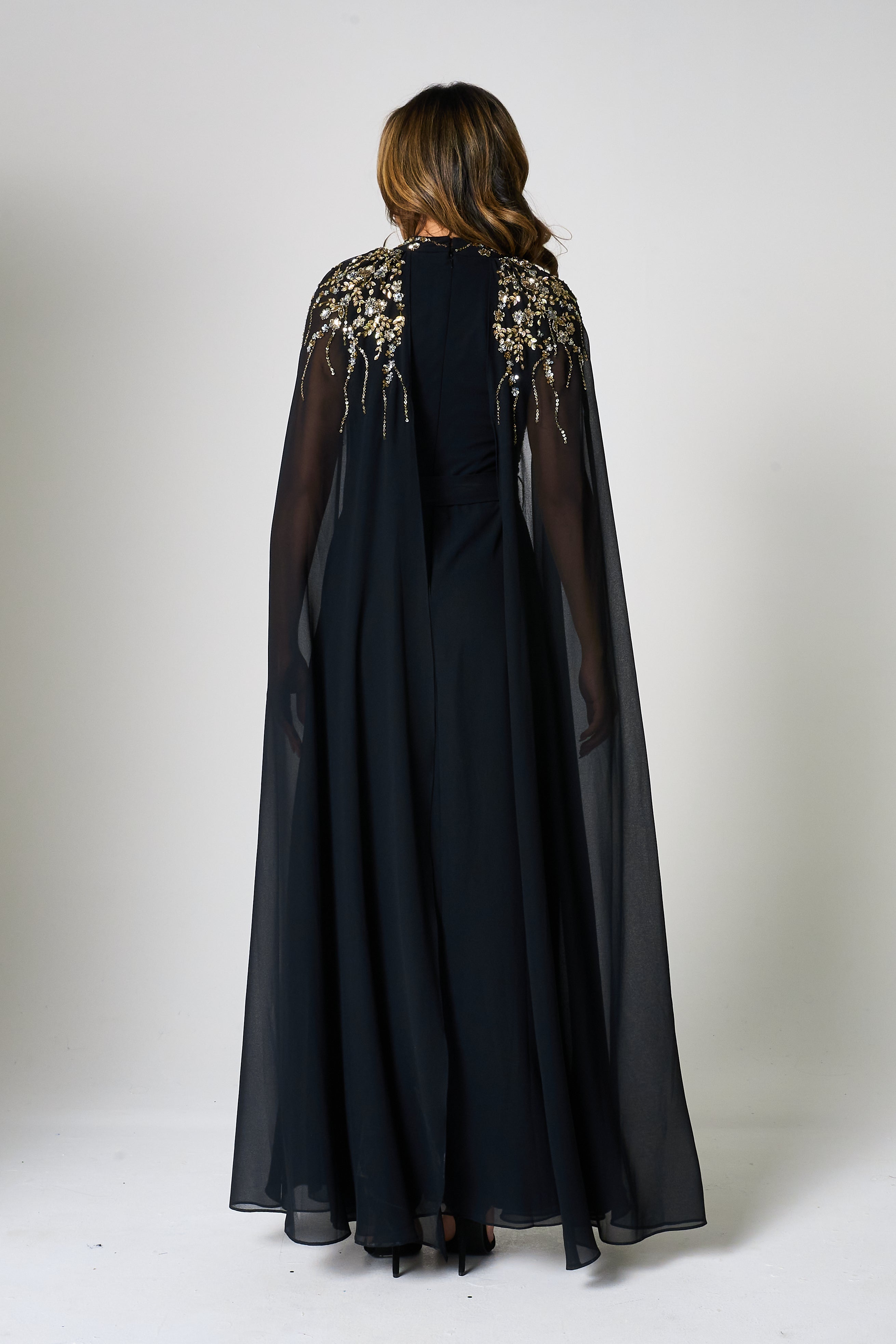 Octavia Black Embellished Cape Sleeve Maxi Dress