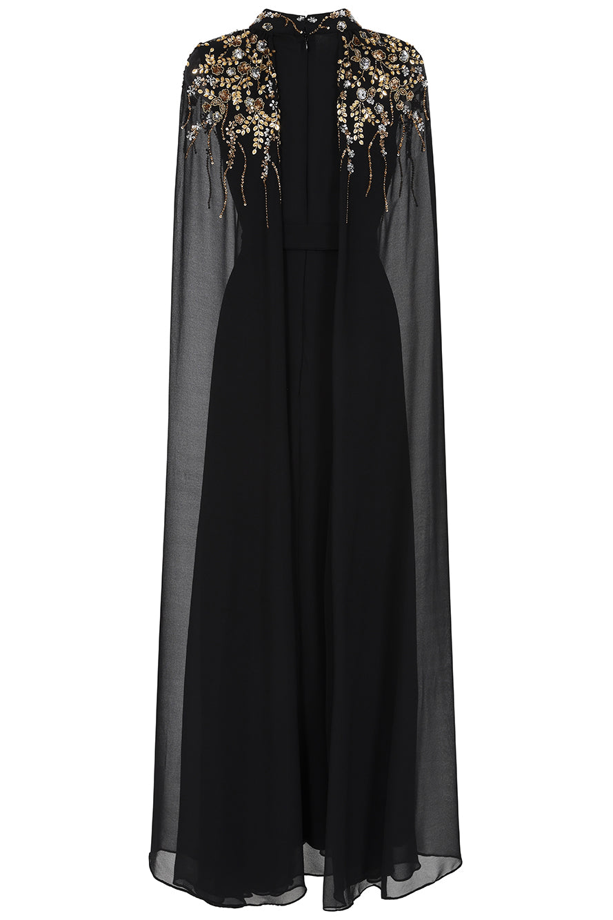 Octavia Black Embellished Cape Sleeve Maxi Dress