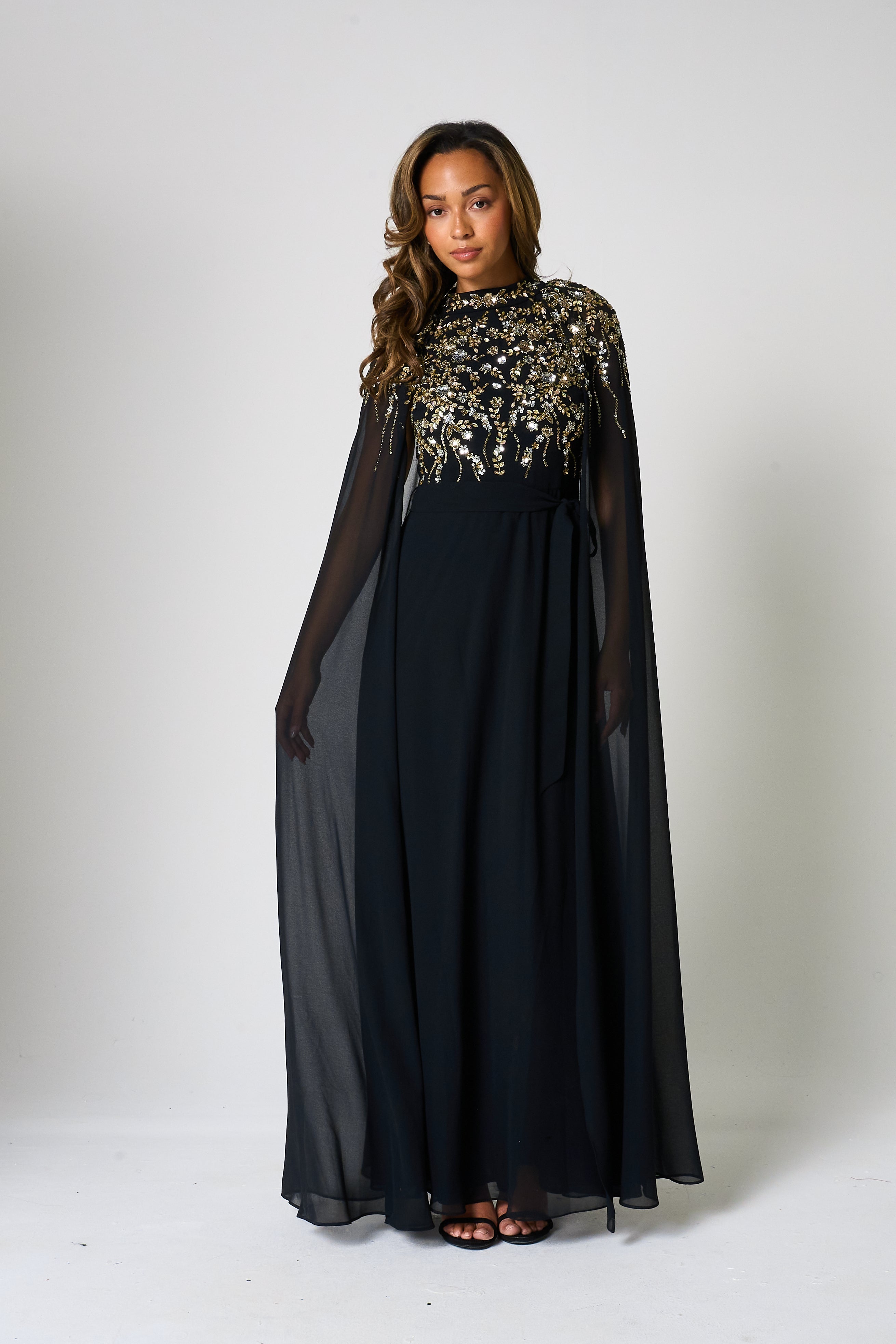 Octavia Black Embellished Cape Sleeve Maxi Dress