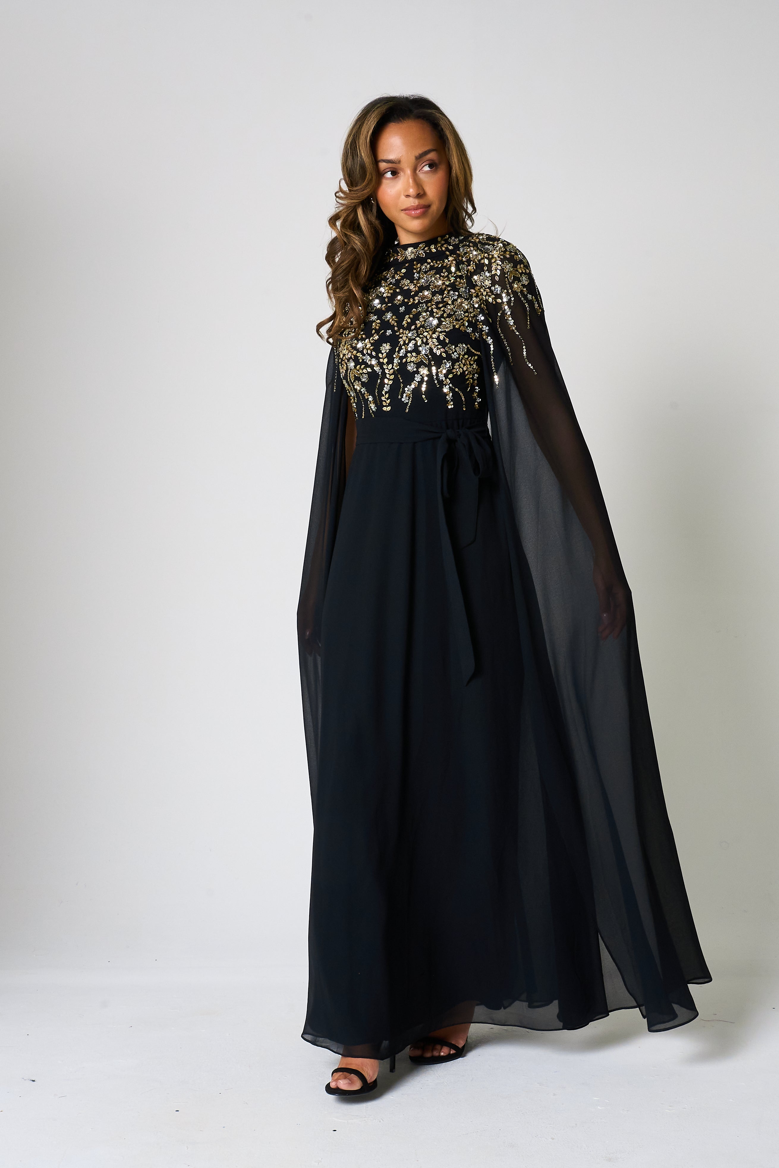 Octavia Black Embellished Cape Sleeve Maxi Dress