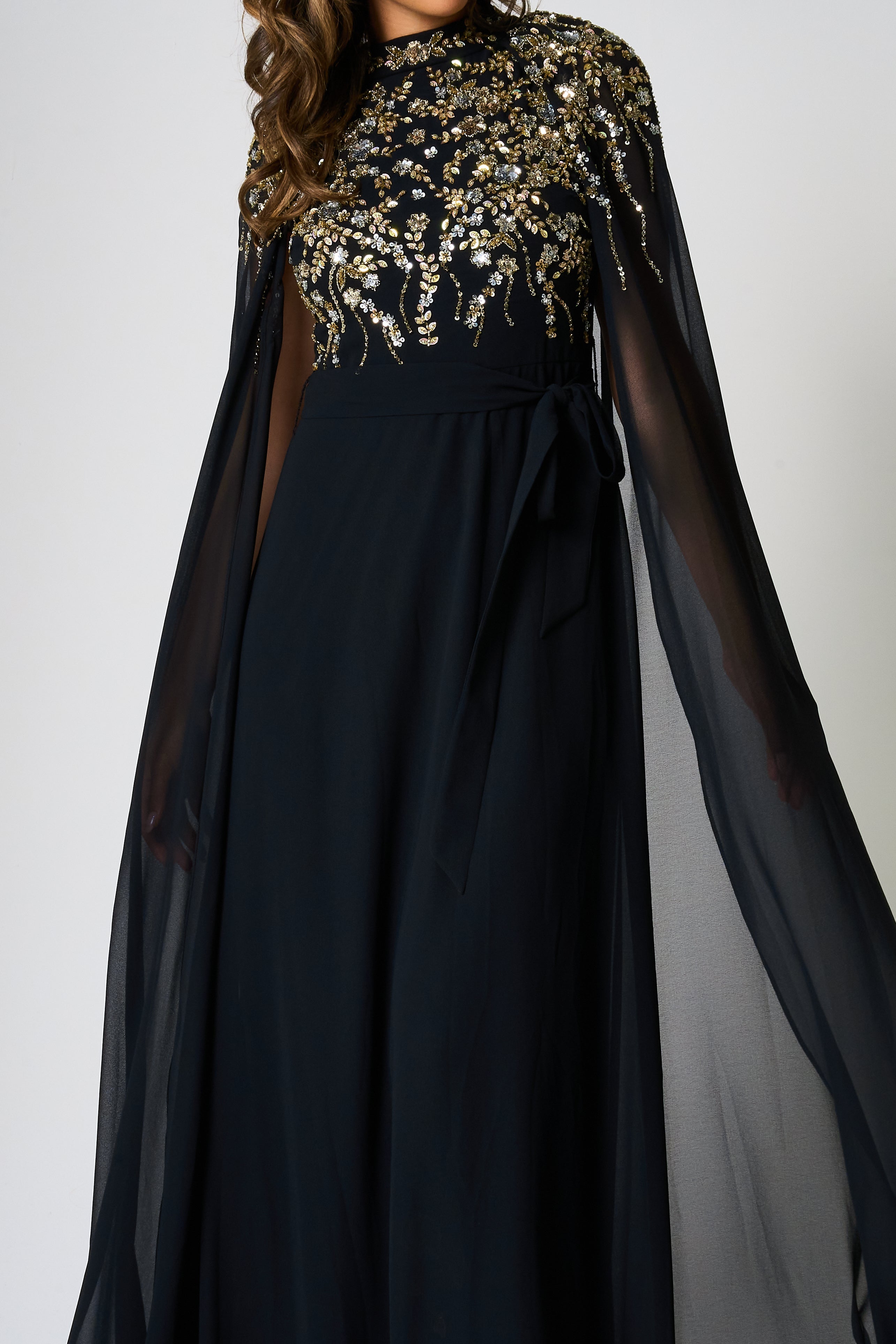 Octavia Black Embellished Cape Sleeve Maxi Dress