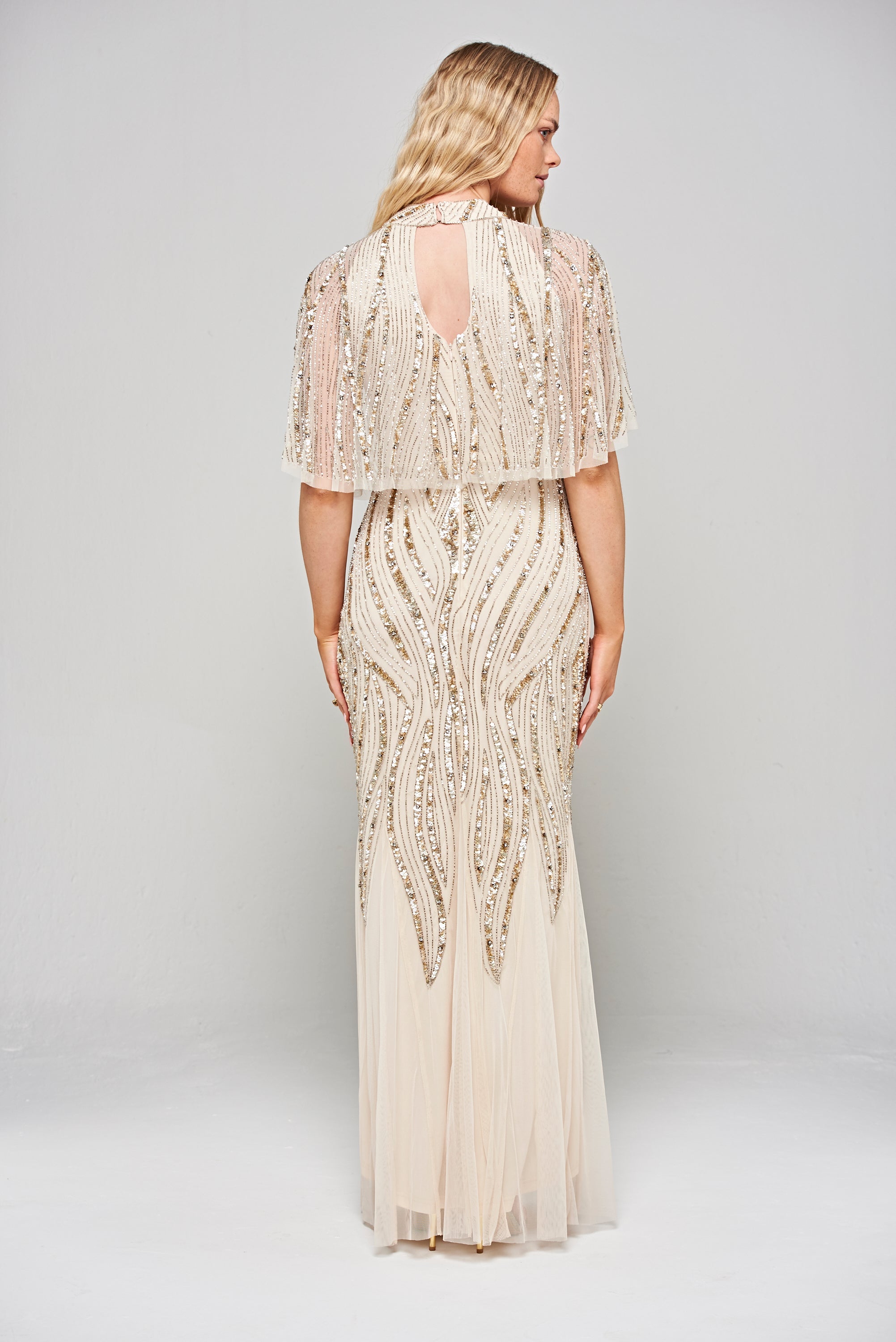 Ora Cape Detail Embellished Maxi Dress - Nude