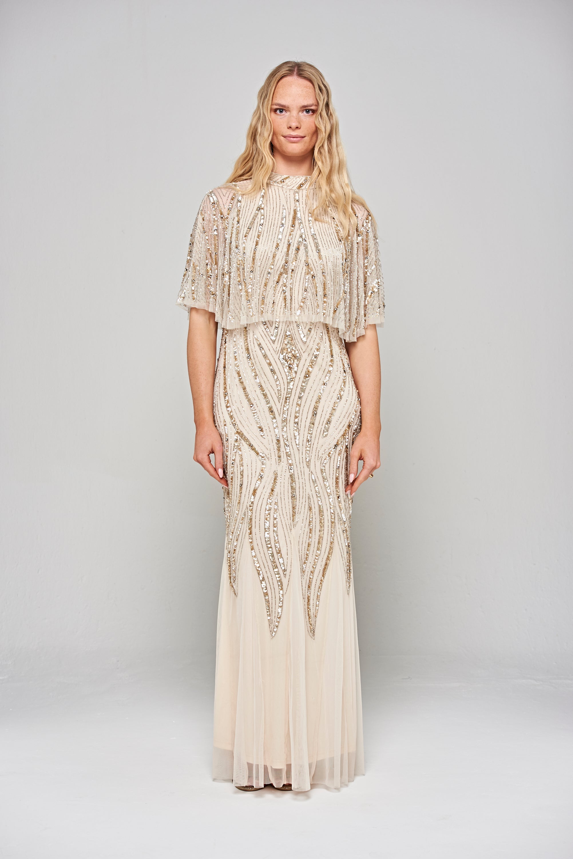 Ora Cape Detail Embellished Maxi Dress - Nude