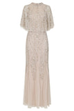 Ora Cape Detail Embellished Maxi Dress - Nude