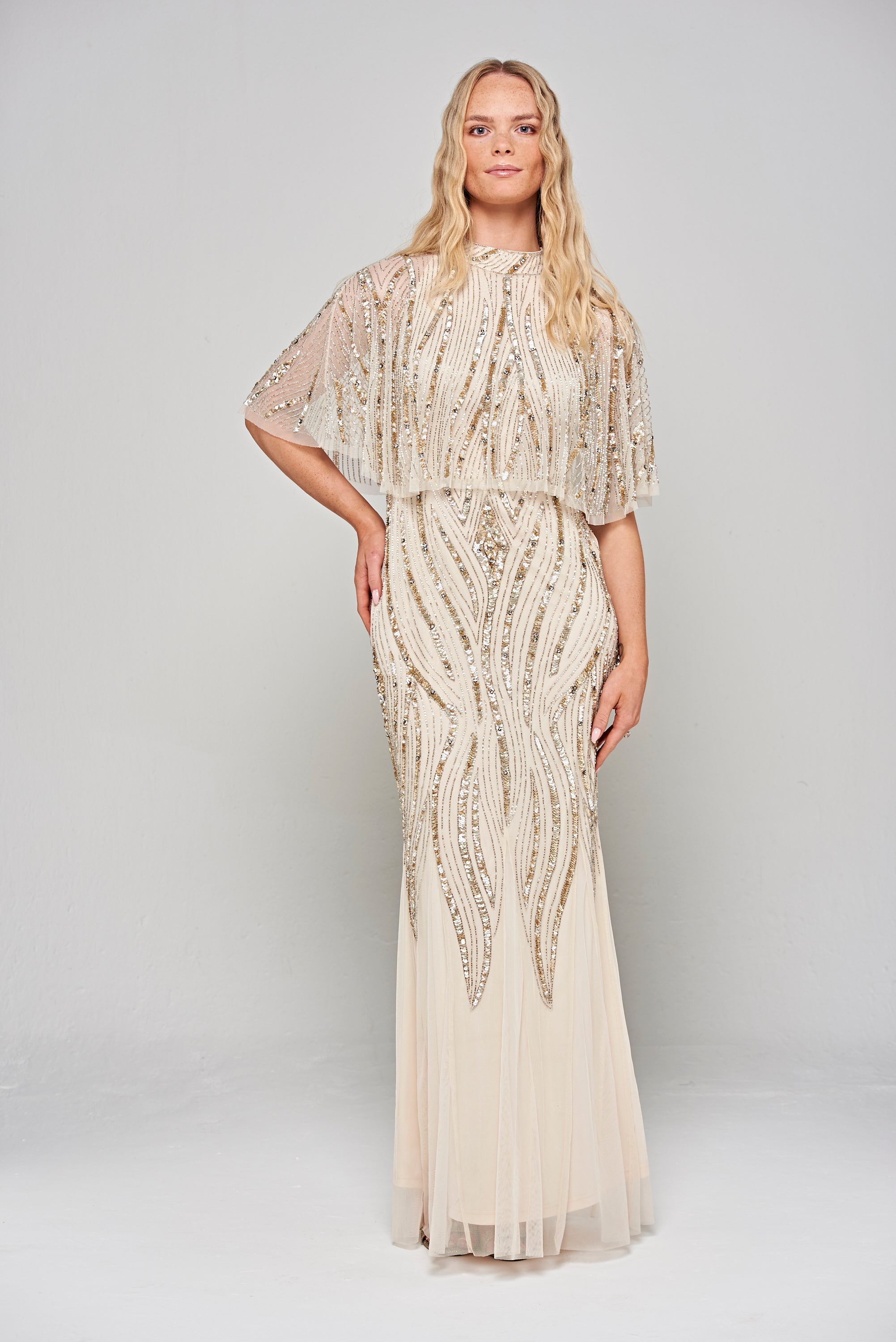 Ora Cape Detail Embellished Maxi Dress - Nude