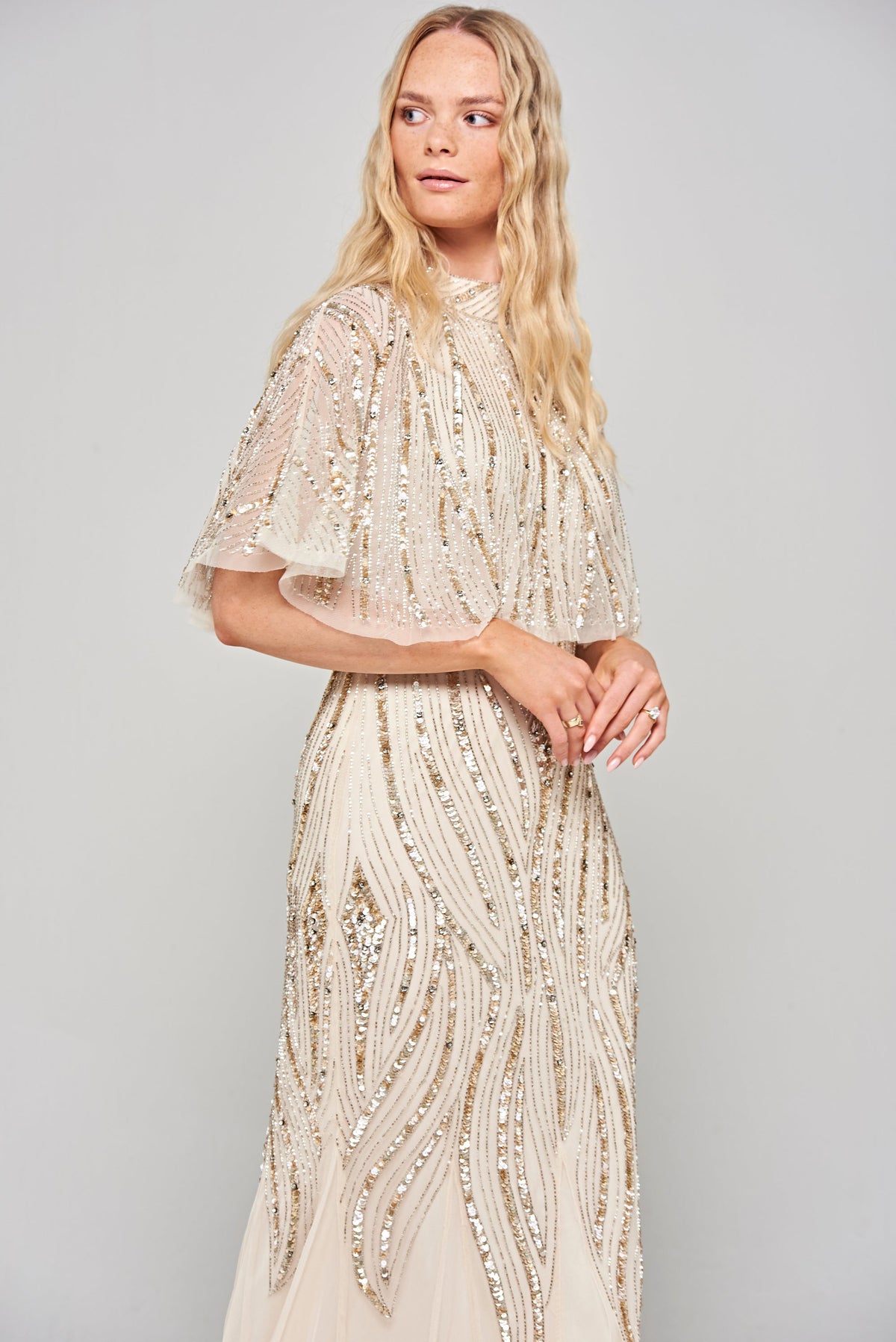 Ora Cape Detail Embellished Maxi Dress - Nude