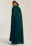 Frock and Frill Paloma Embellished Maxi Dress with cape detail, long sleeves, and flowing silhouette in rainforest green, perfect for weddings and evening events.