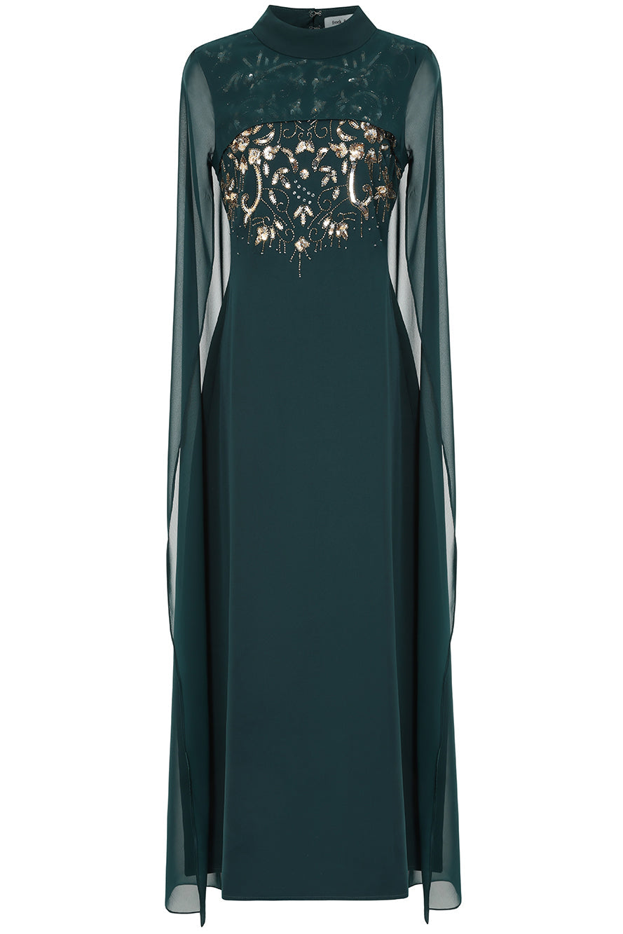 Frock and Frill Paloma Embellished Maxi Dress with cape detail, long sleeves, and flowing silhouette in rainforest green, perfect for weddings and evening events.