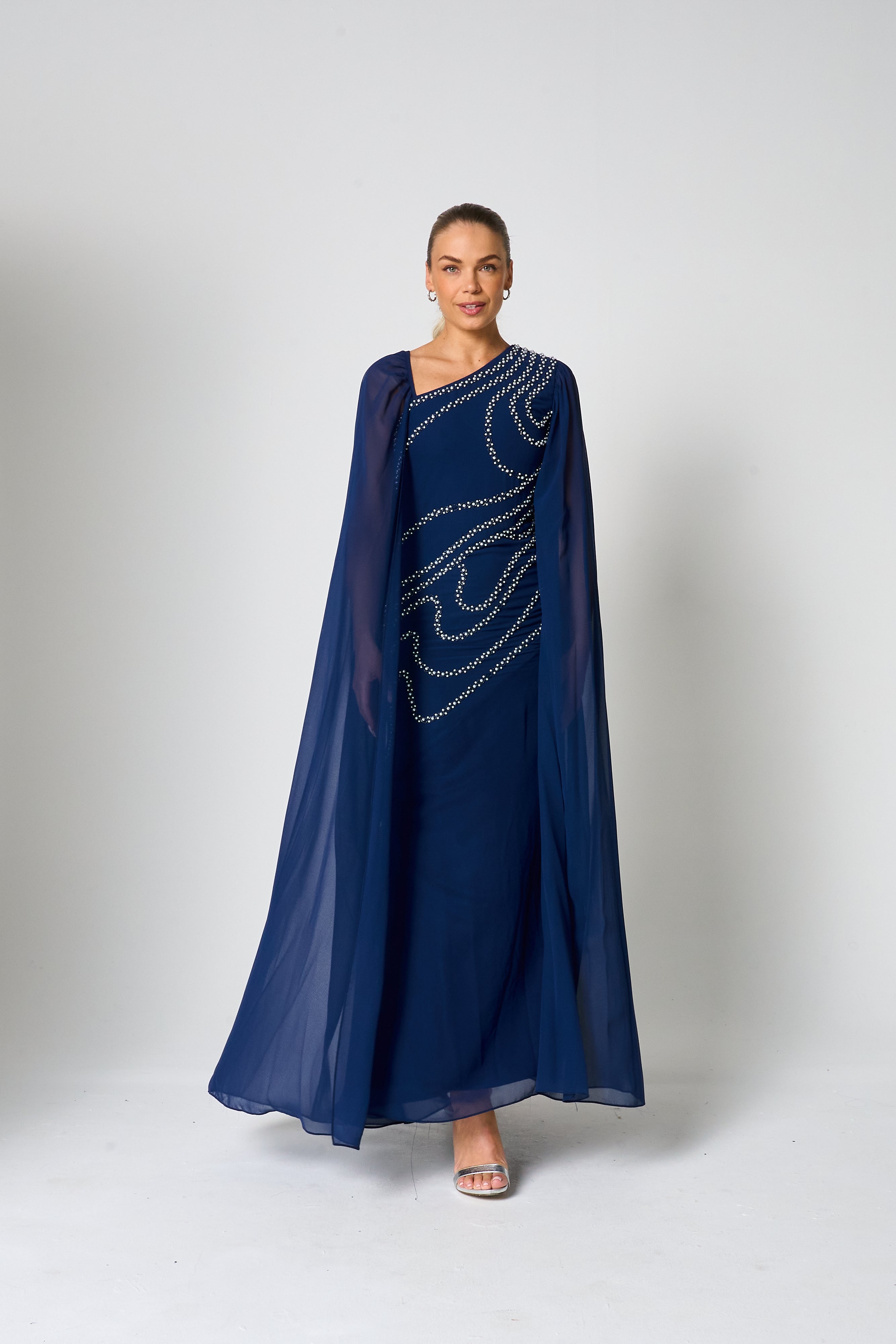 Patricia Navy Embellished Cape Sleeve Maxi Dress 
